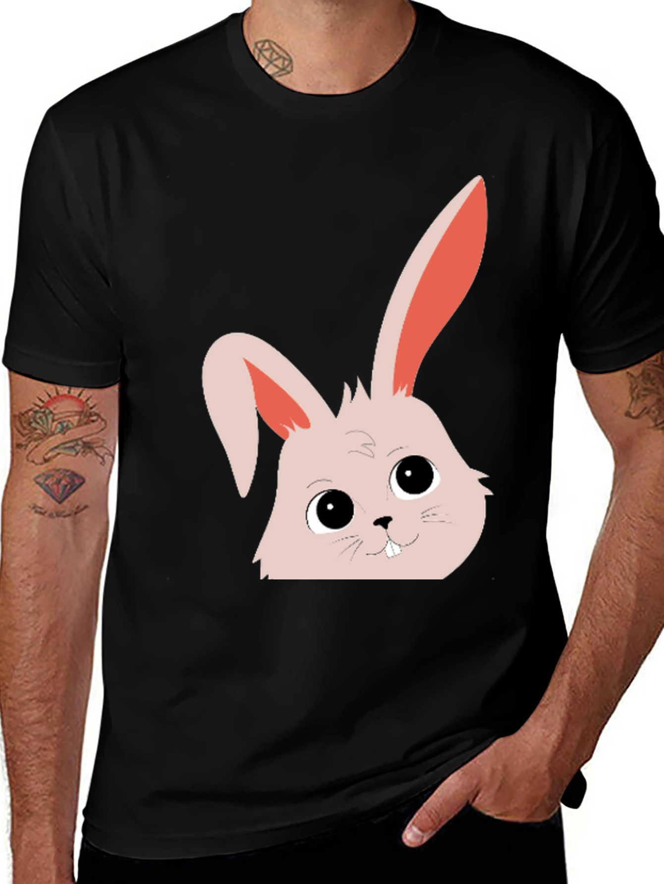 Black Cute Bunny Graphic Tee - Black Cotton Blend main image