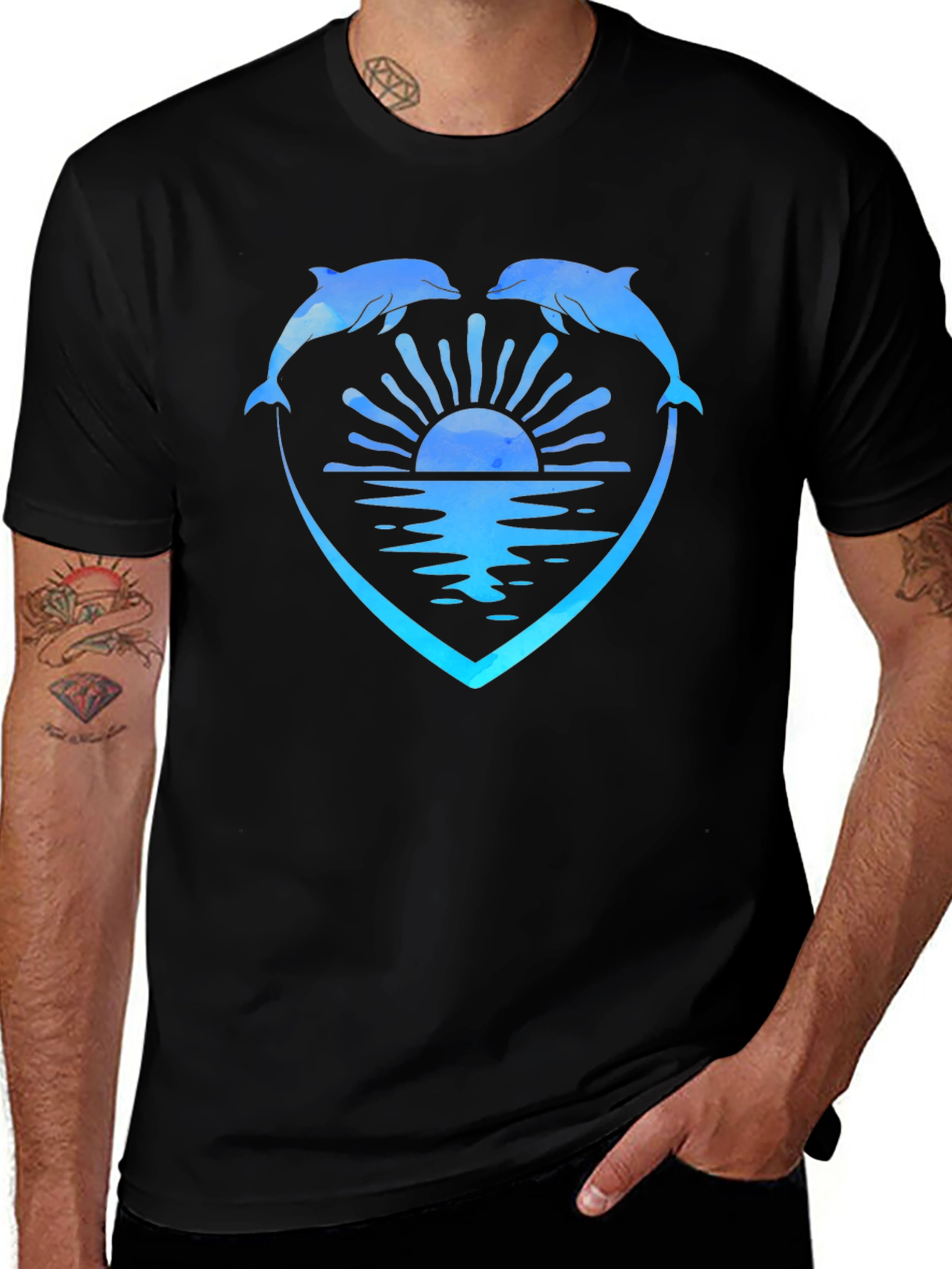 Variant 26 of Dolphin Heart Sunset Graphic Tee - Black
