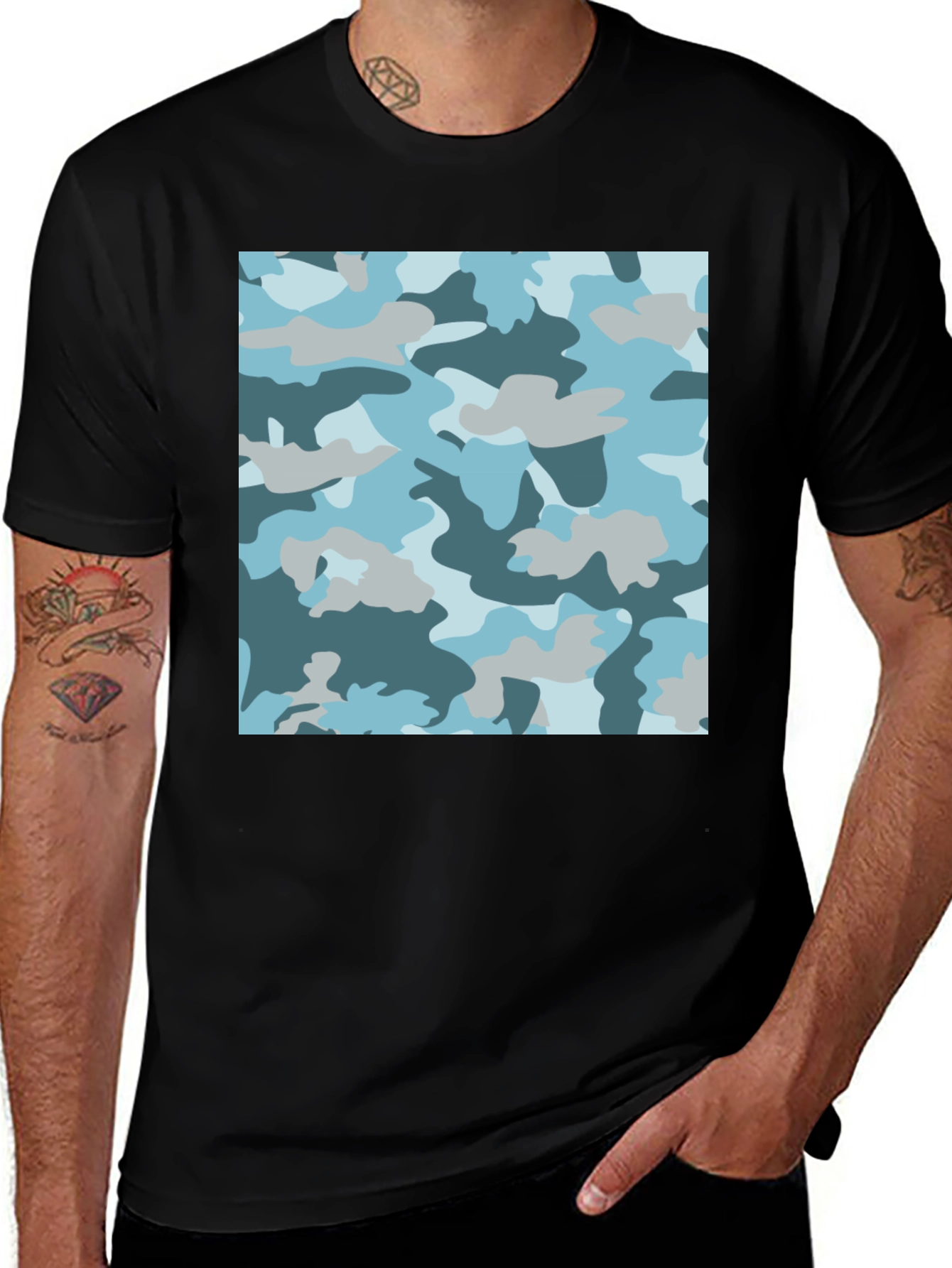 Variant 25 of Blue Camo Print Black T-Shirt - Stylish Casual Wear