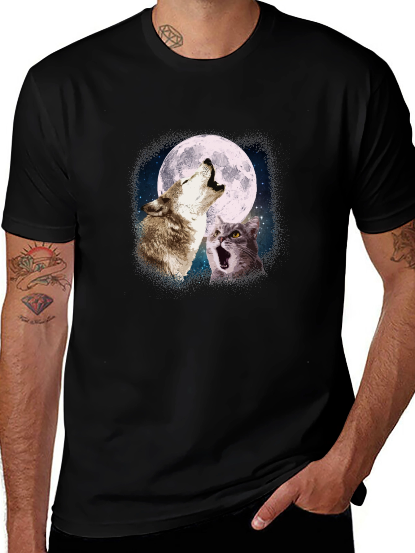 Variant 4 of Wolf & Cat Moon Howl T-Shirt - Black
