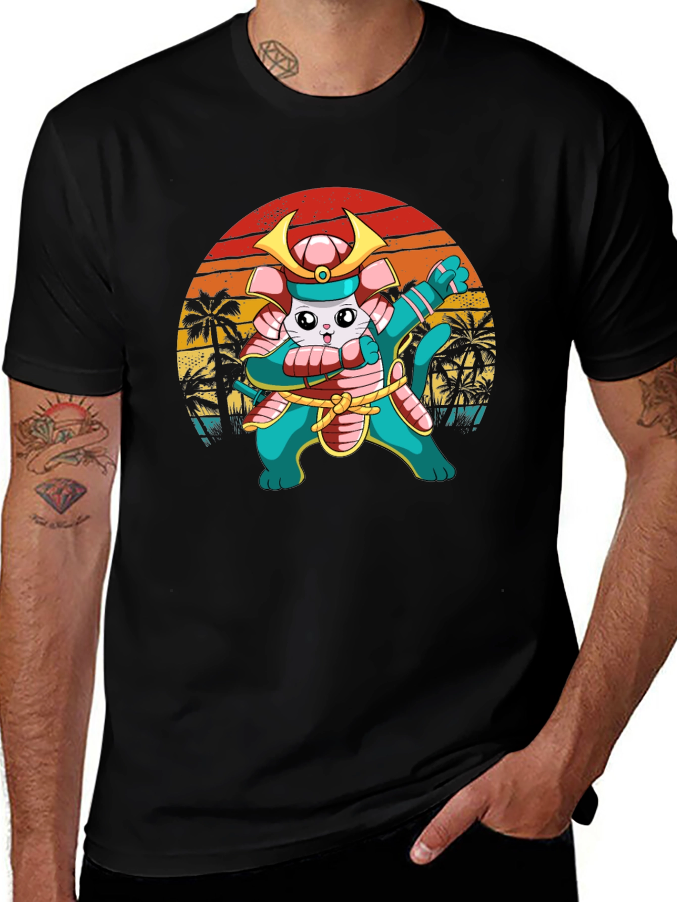 Samurai Cat T-Shirt - Sunset Palm Tree