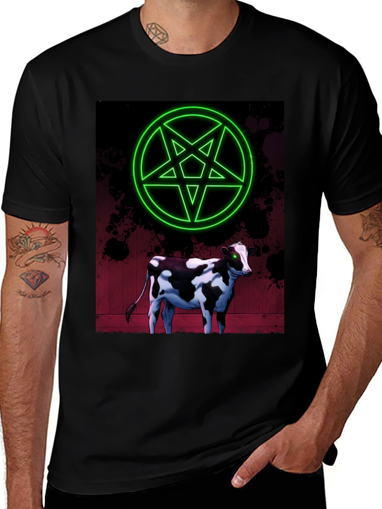 Variant 23 of Satanic Cow Graphic Tee - Black Cotton Blend