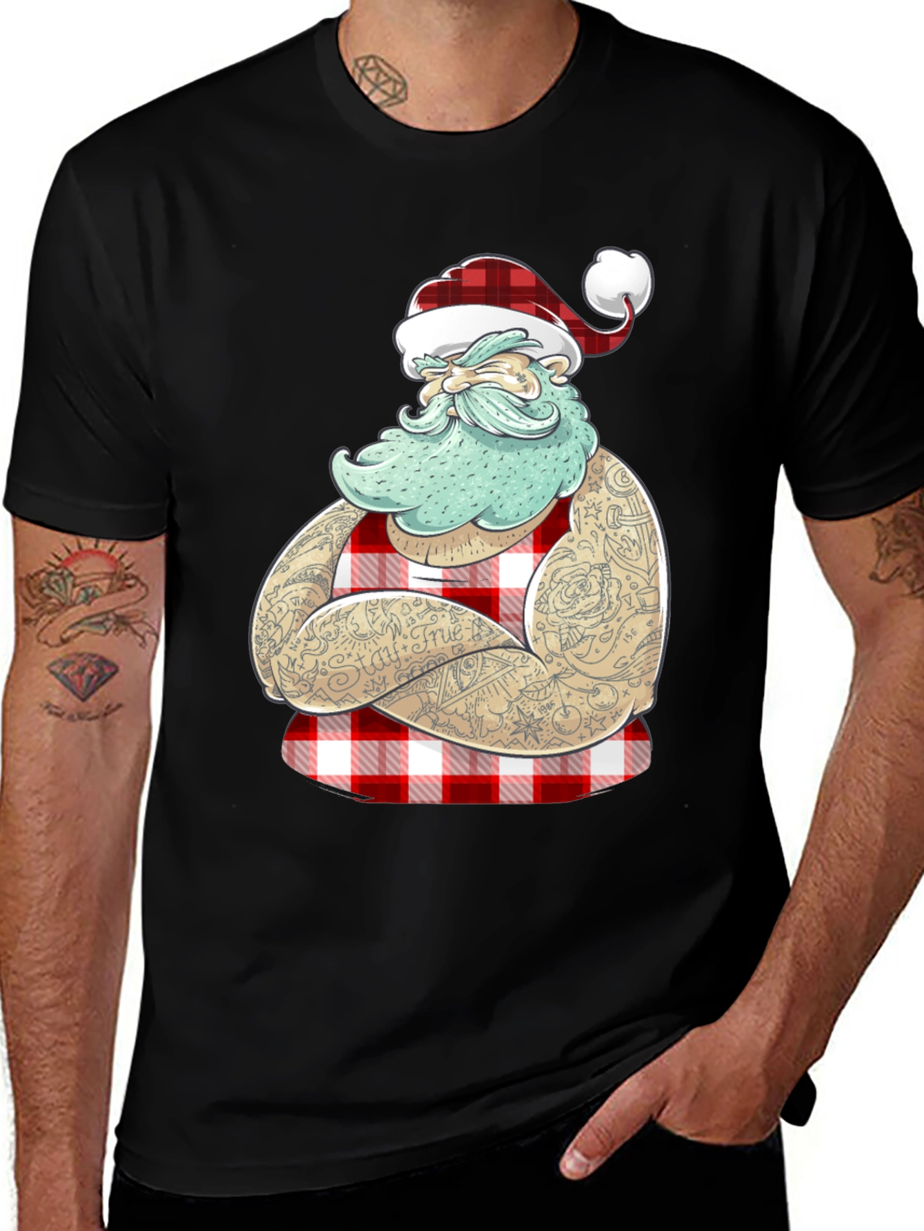 Variant 7 of Tattooed Santa Plaid Christmas Graphic Tee