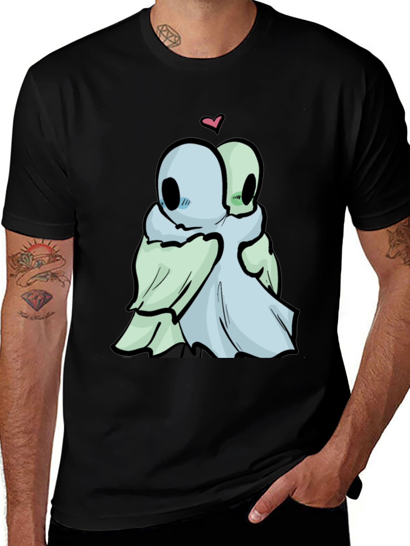 Variant 7 of Cute Ghost Hug T-Shirt - Black Cotton Tee