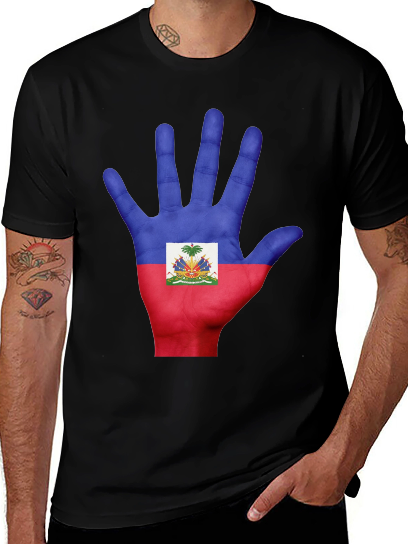 Haiti Flag Hand Print T-Shirt - Black Cotton Tee