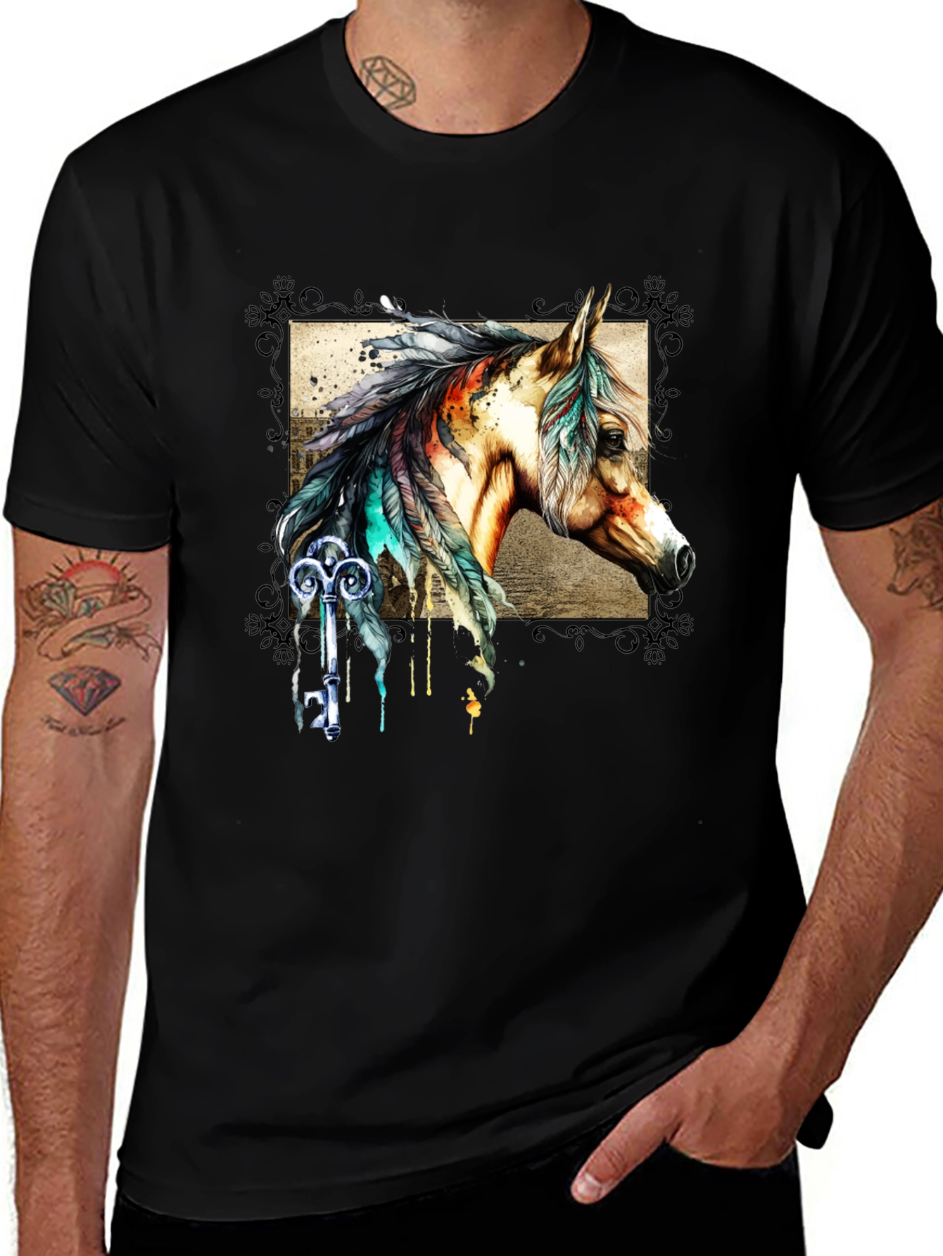 Horse & Key Graphic Tee - Stylish Men's Black T-Shirt