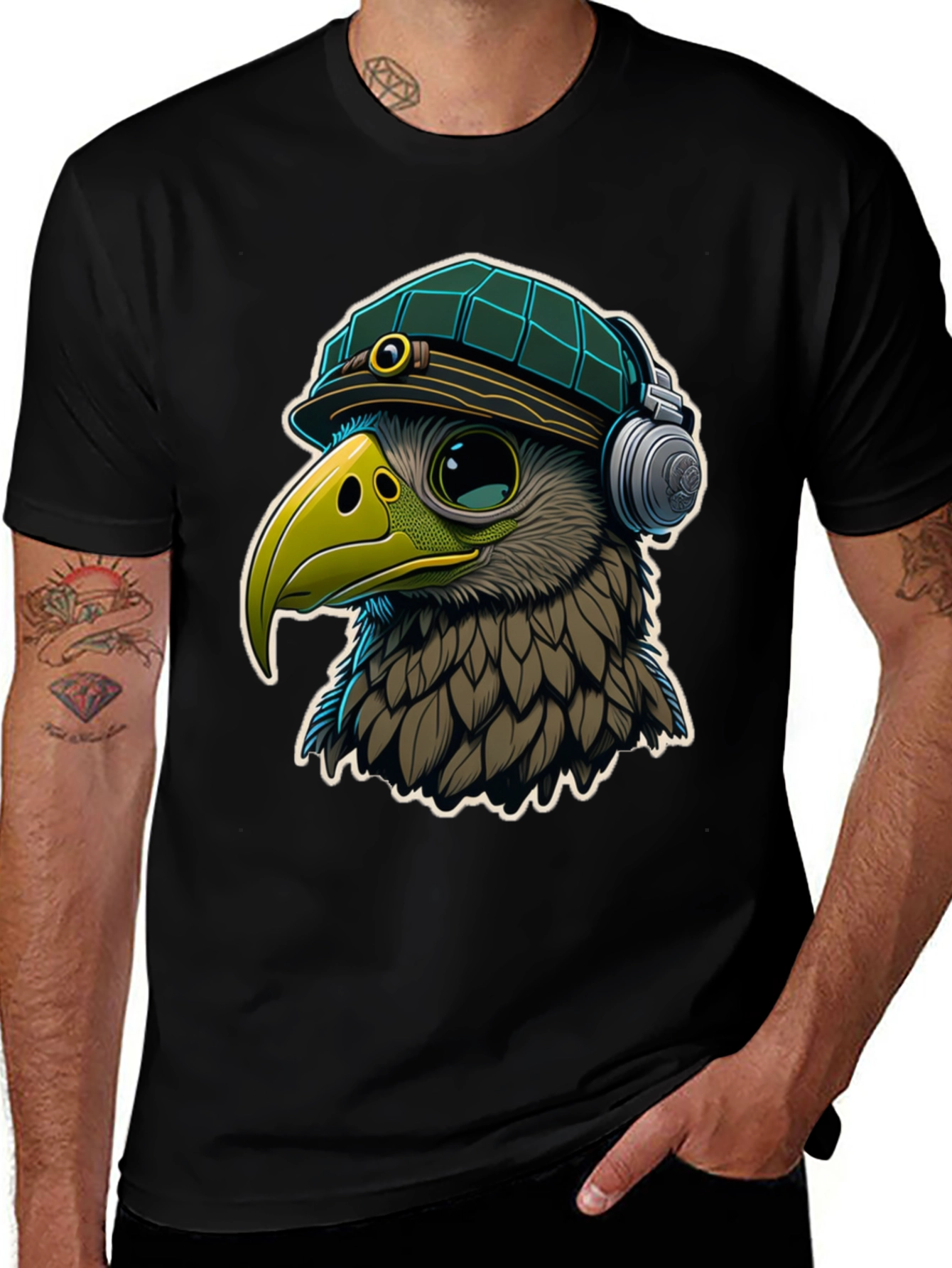 Cool Bird in Hat & Headphones Graphic Tee
