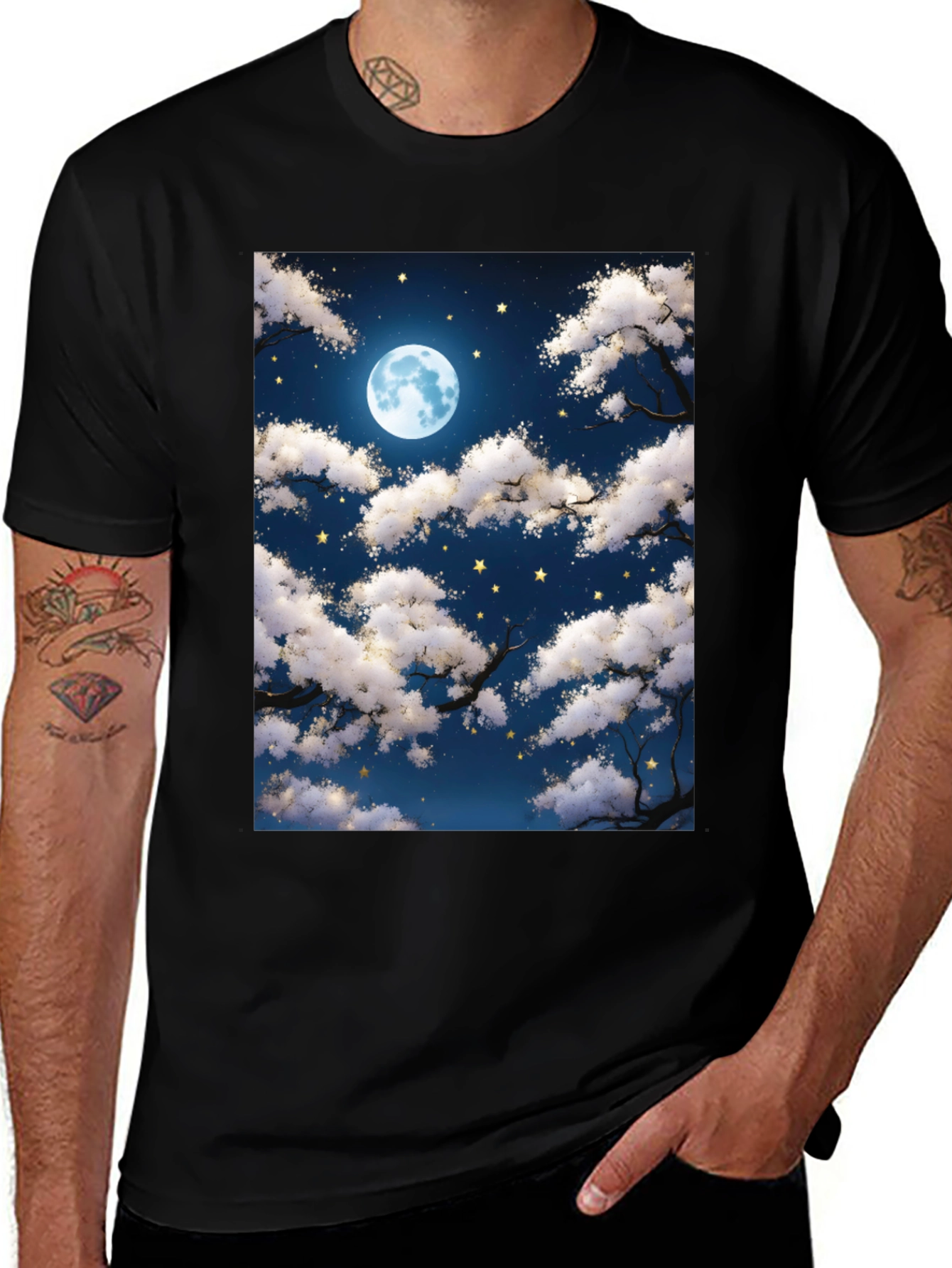 Variant 11 of Moonlit Night Sky Graphic Tee - Black Cotton T-Shirt
