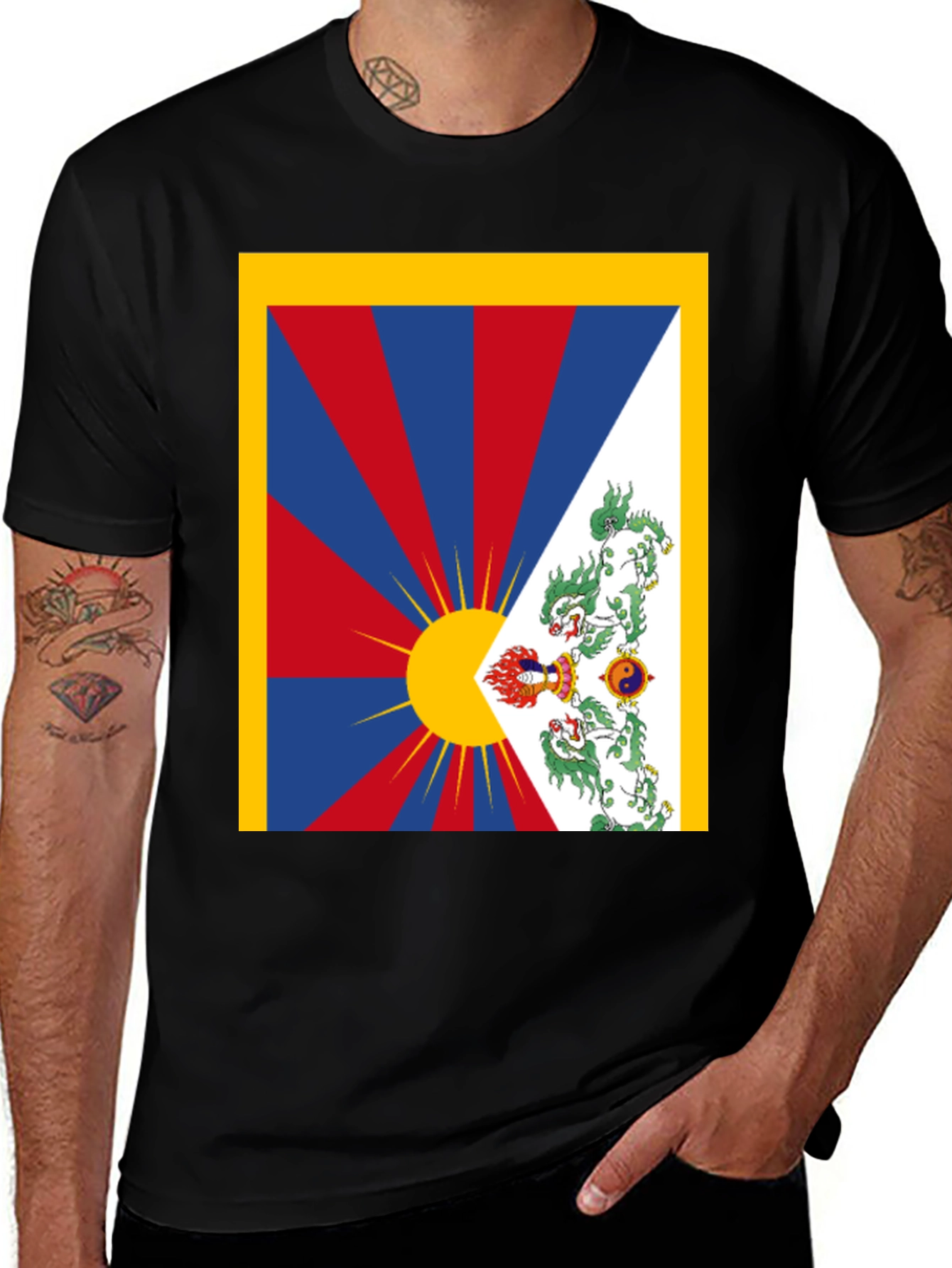 Variant 14 of Tibet Flag Graphic T-Shirt, Black Cotton Tee