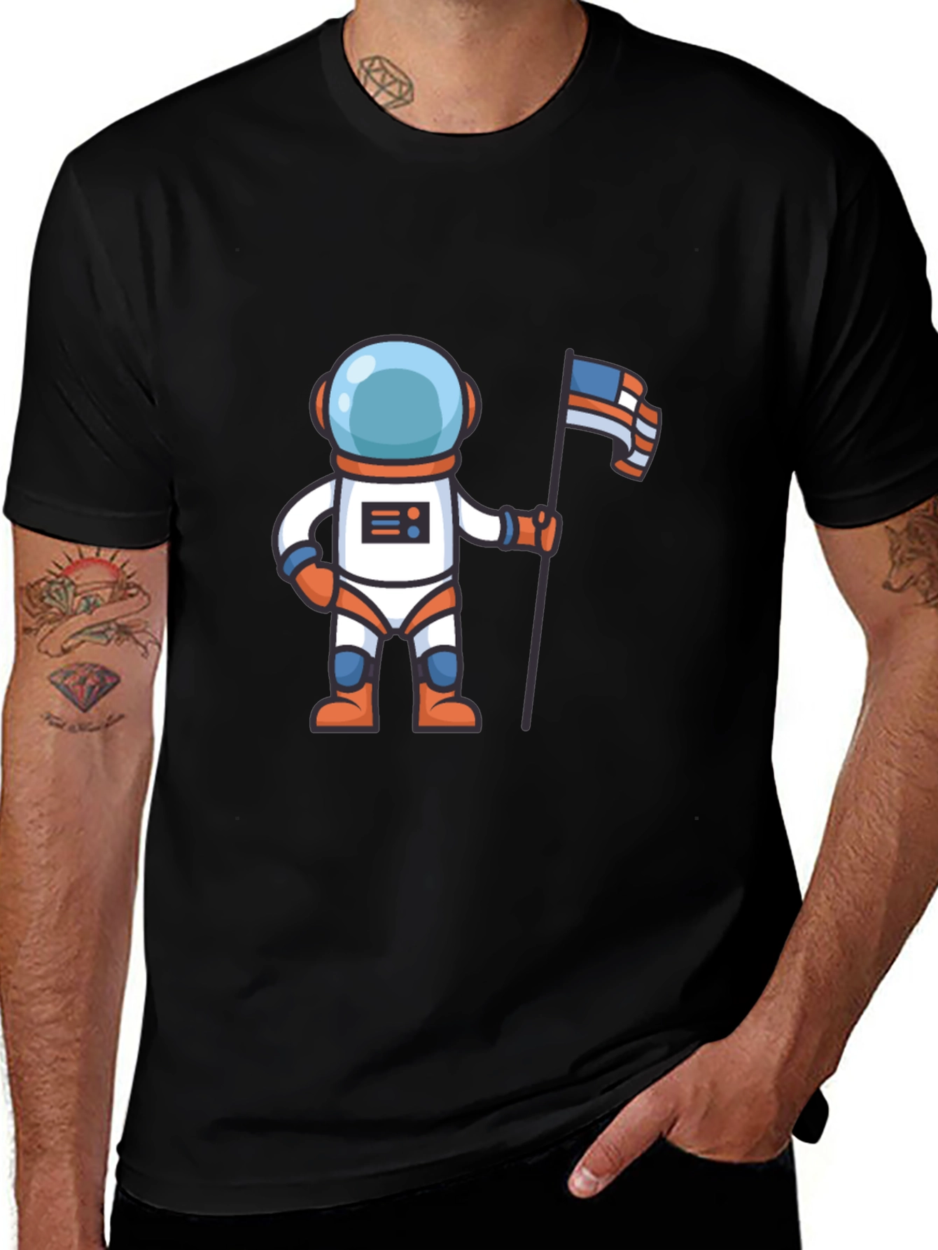Variant 26 of Astronaut Flag Graphic Tee - Black Cotton Blend
