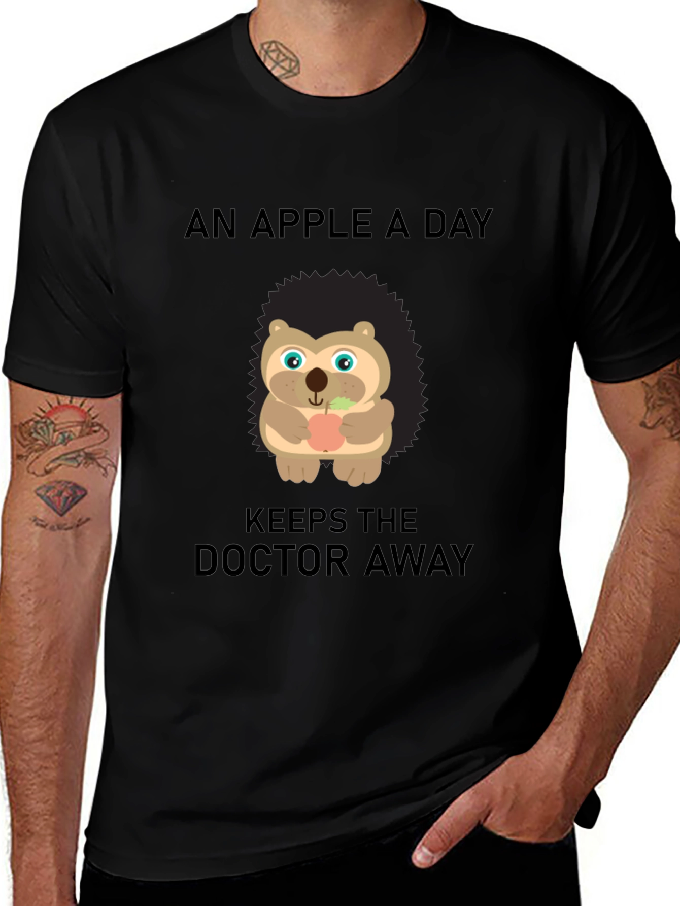 Funny "Apple A Day" Hedgehog Black T-Shirt