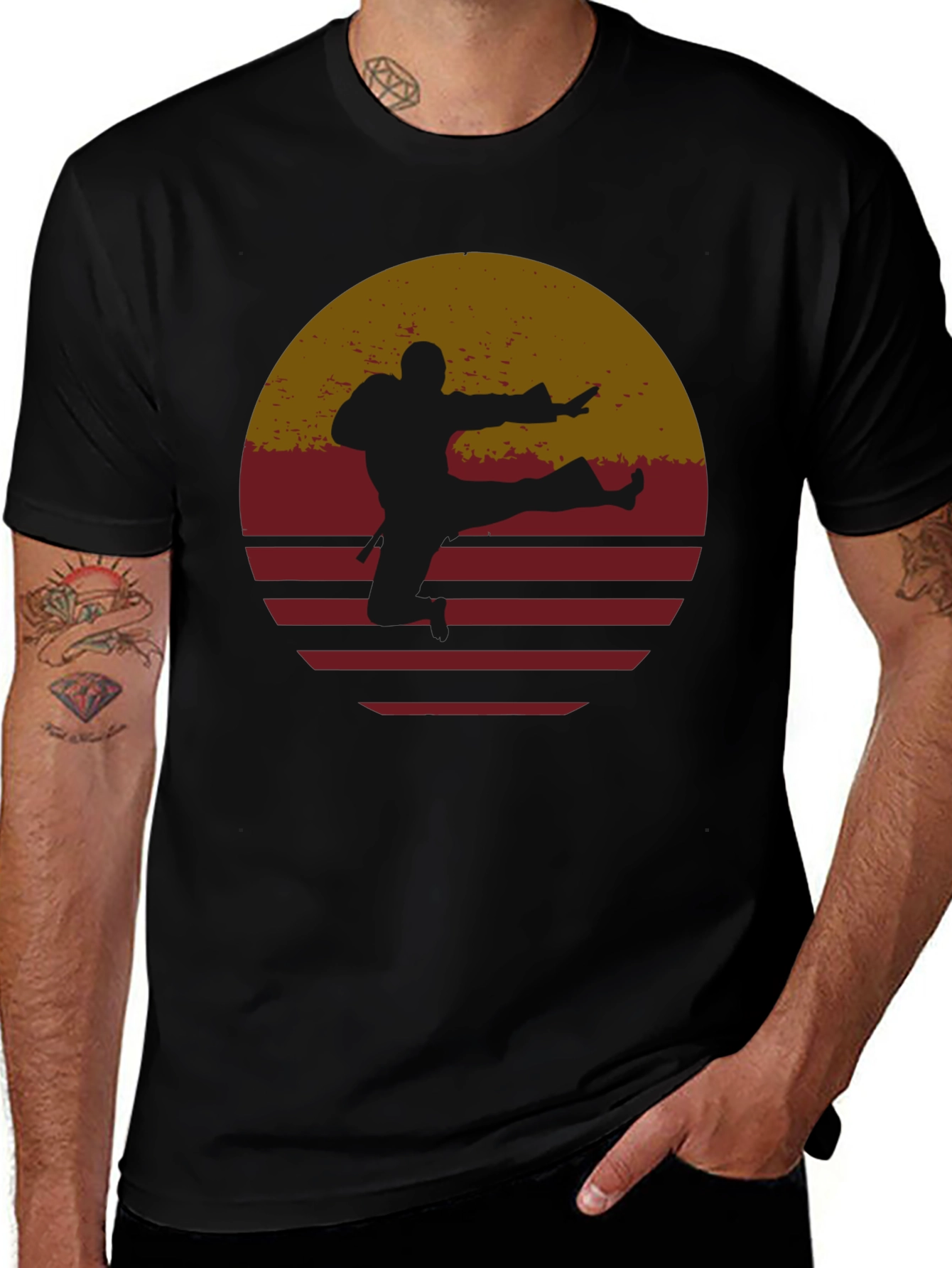 Variant 4 of Retro Karate Sunset Graphic Tee - Black