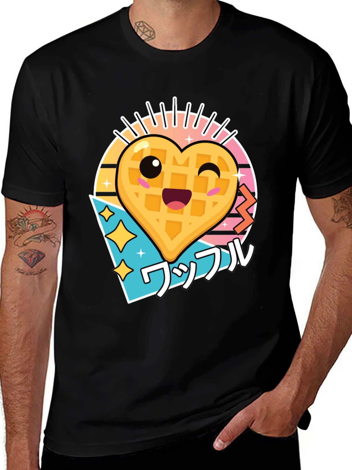 Kawaii Waffle Heart Graphic Tee - Black Cotton T-Shirt