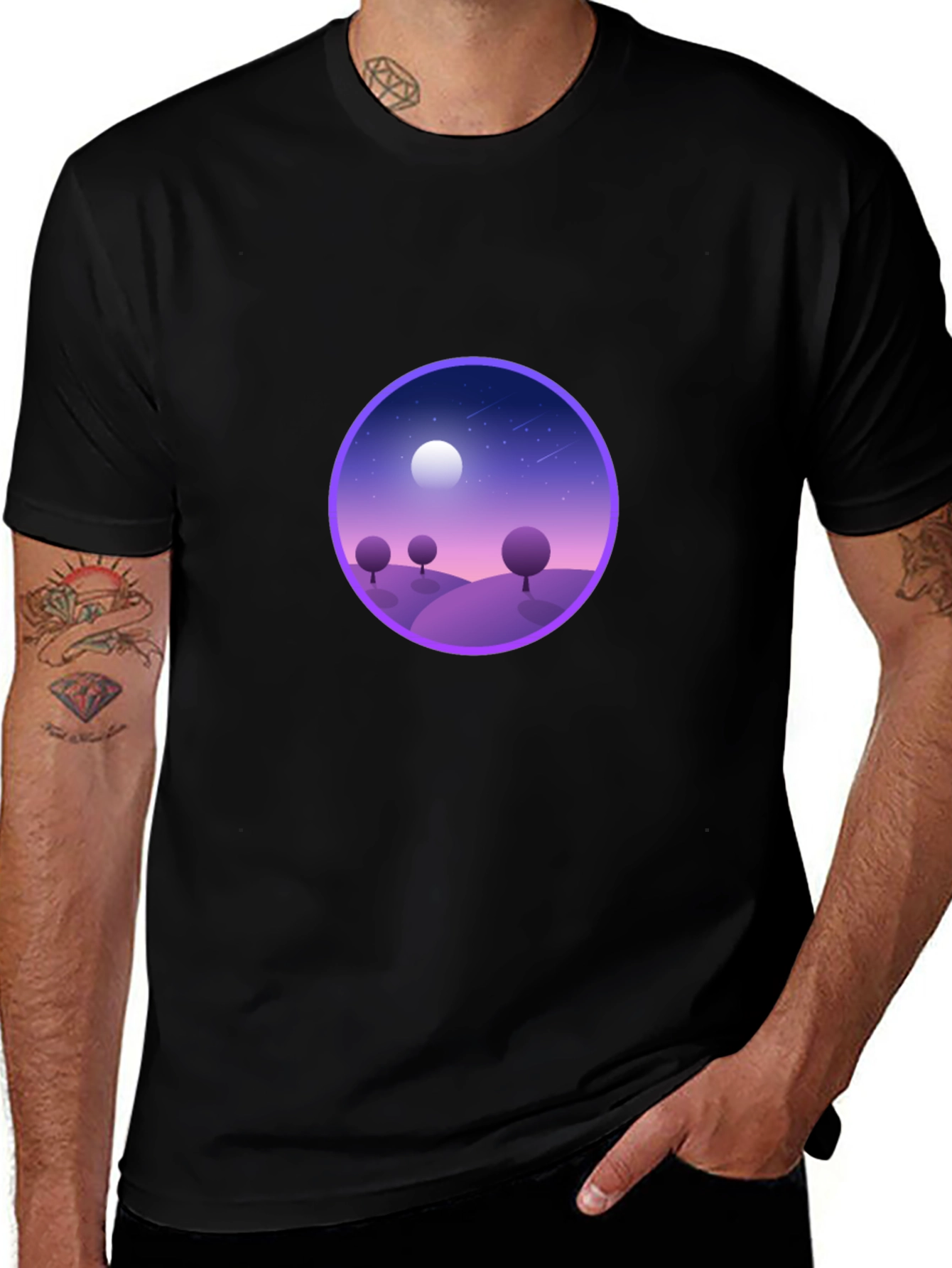 Variant 21 of Black T-Shirt with Nightscape Design