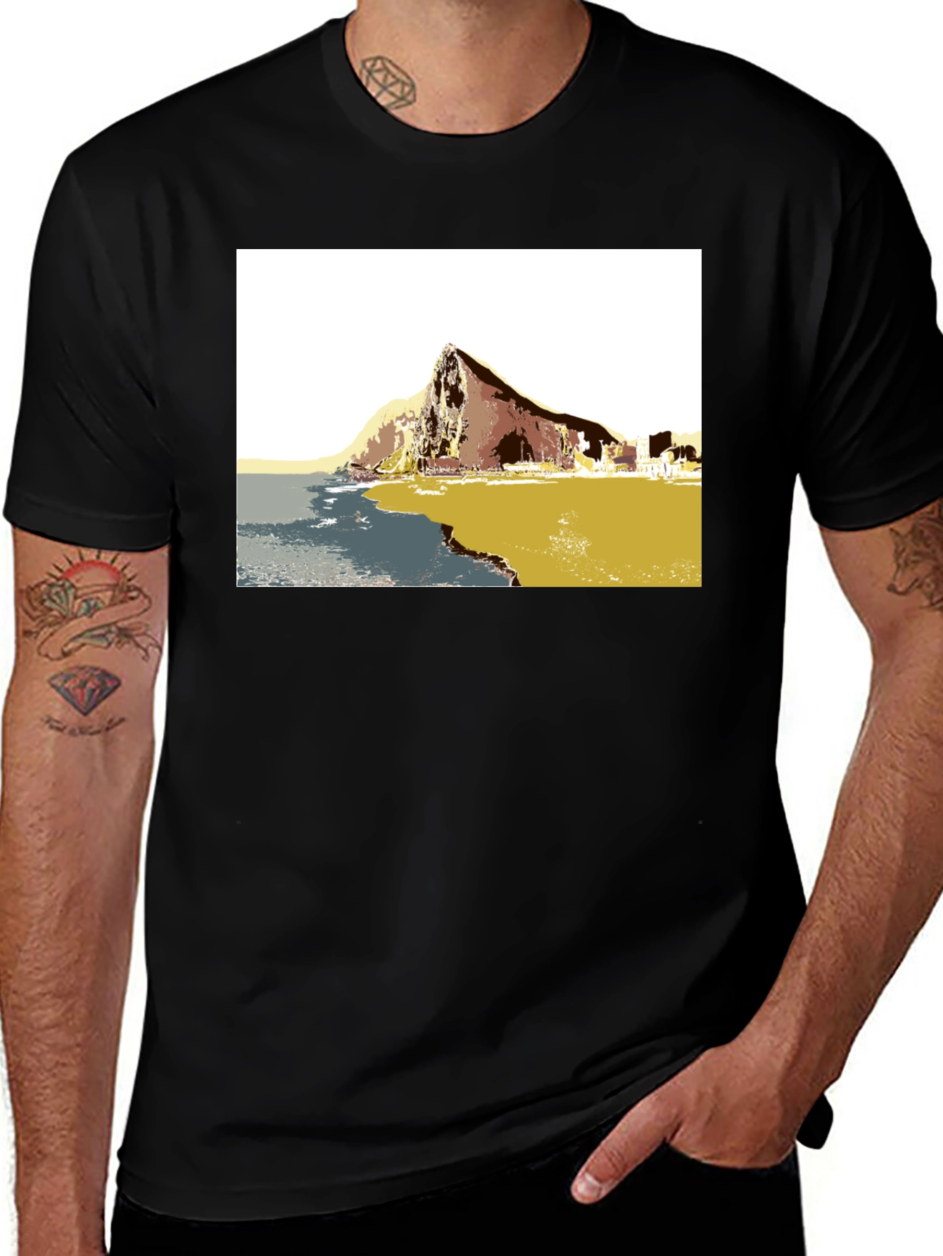 Modern Art Black Tee - Mountain Landscape Design