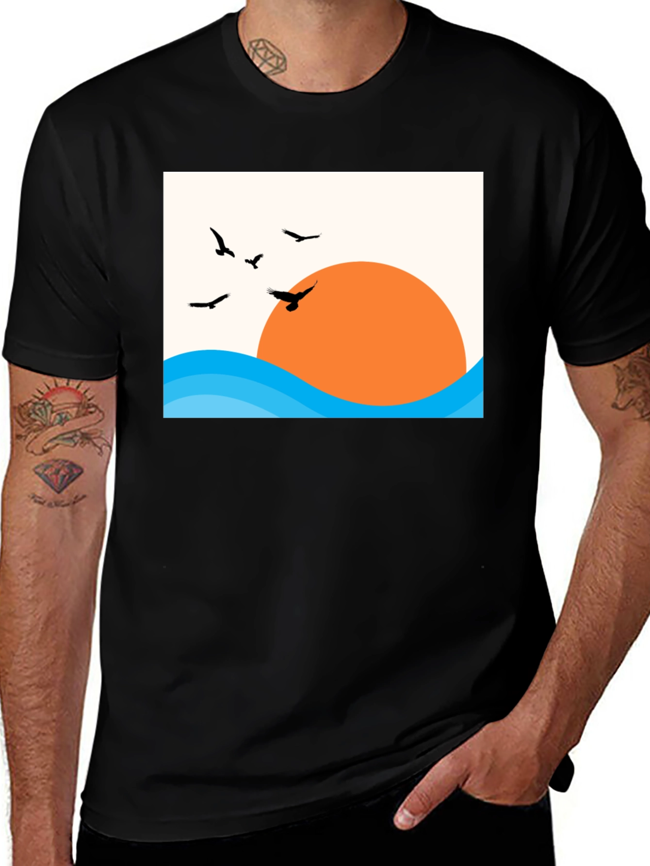 Variant 22 of Sunset Birds Graphic Tee - Casual Black T-Shirt