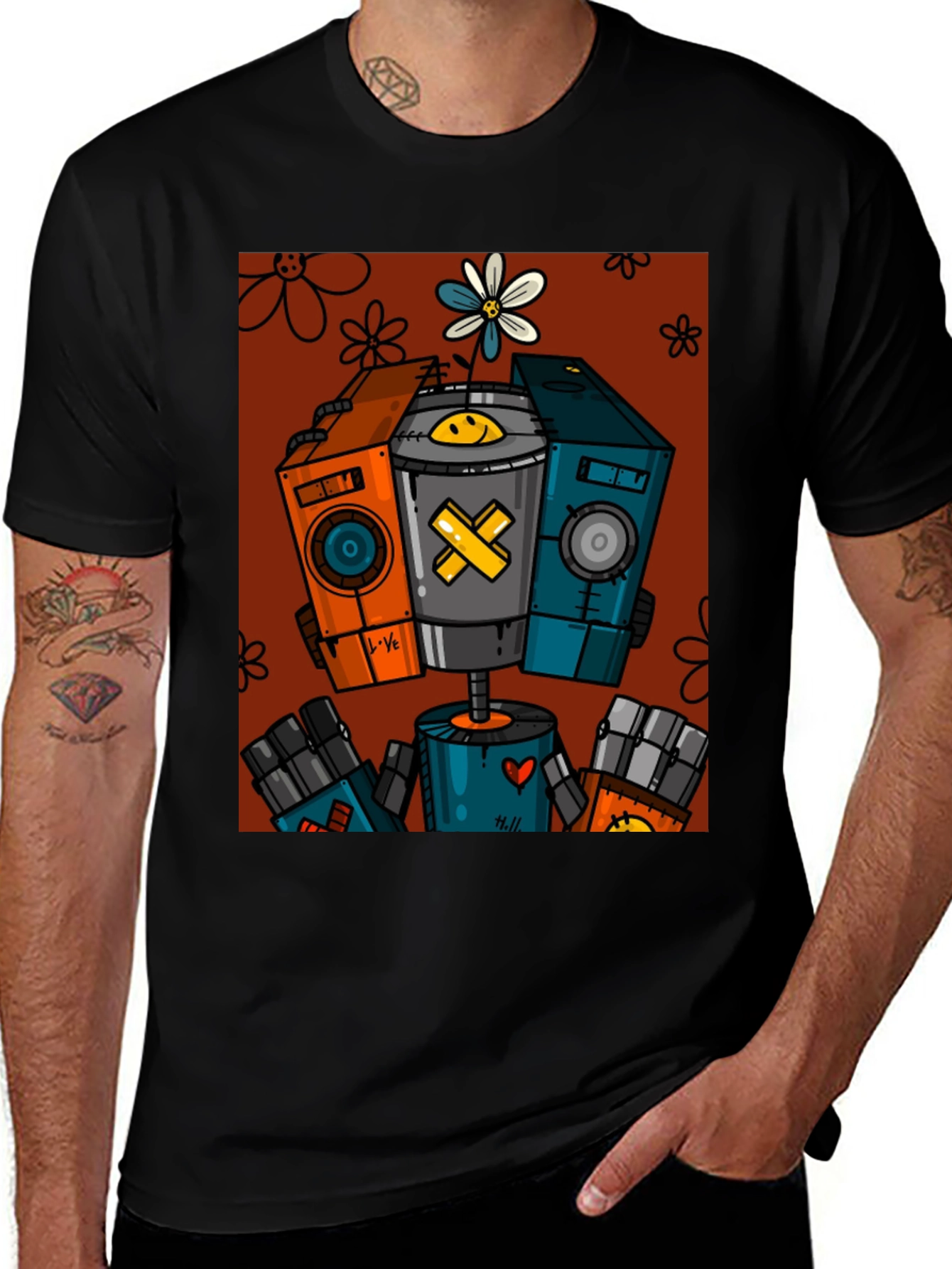 Robot Graphic Print Black T-Shirt