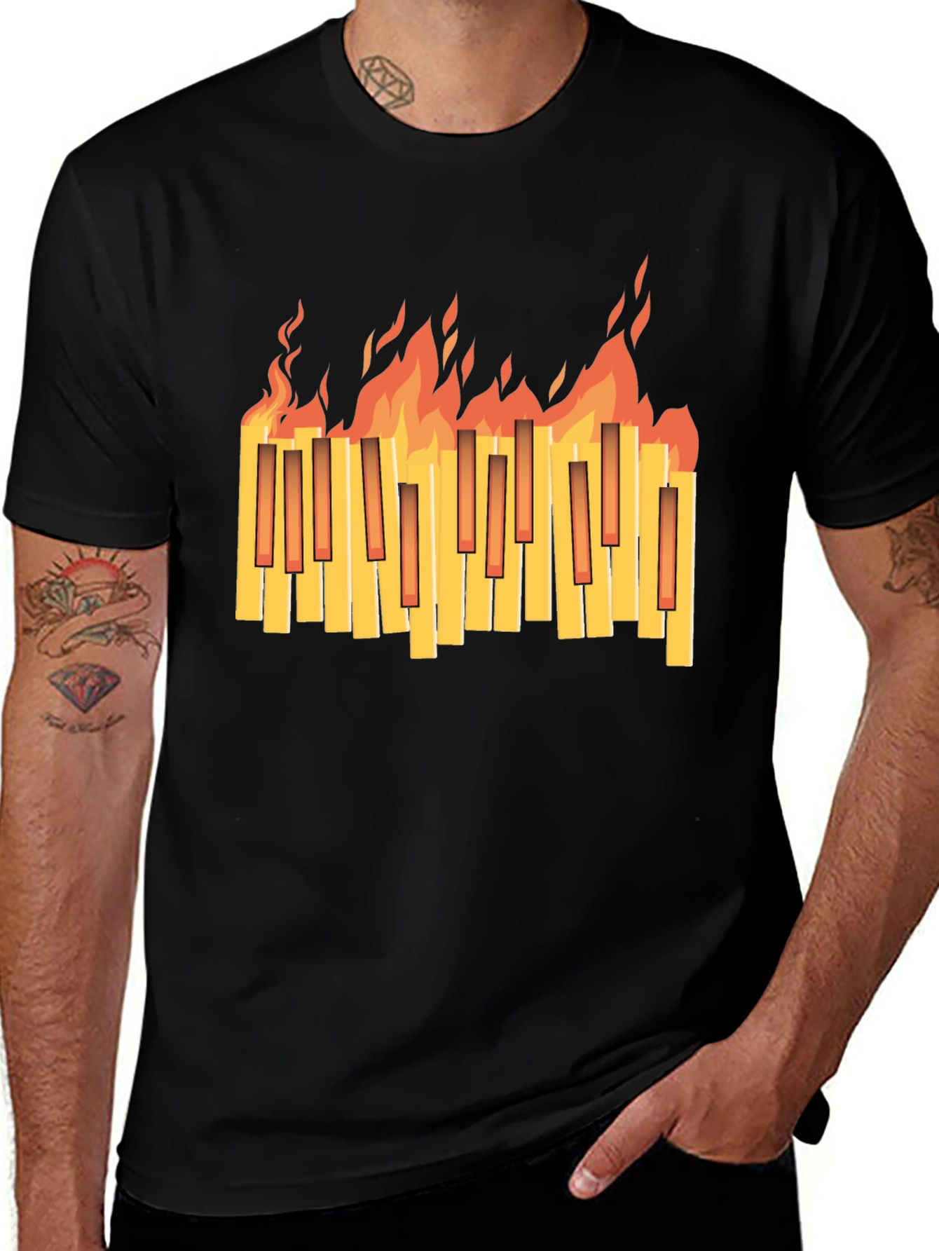 Variant 22 of Flaming Piano Keys Graphic Black T-Shirt