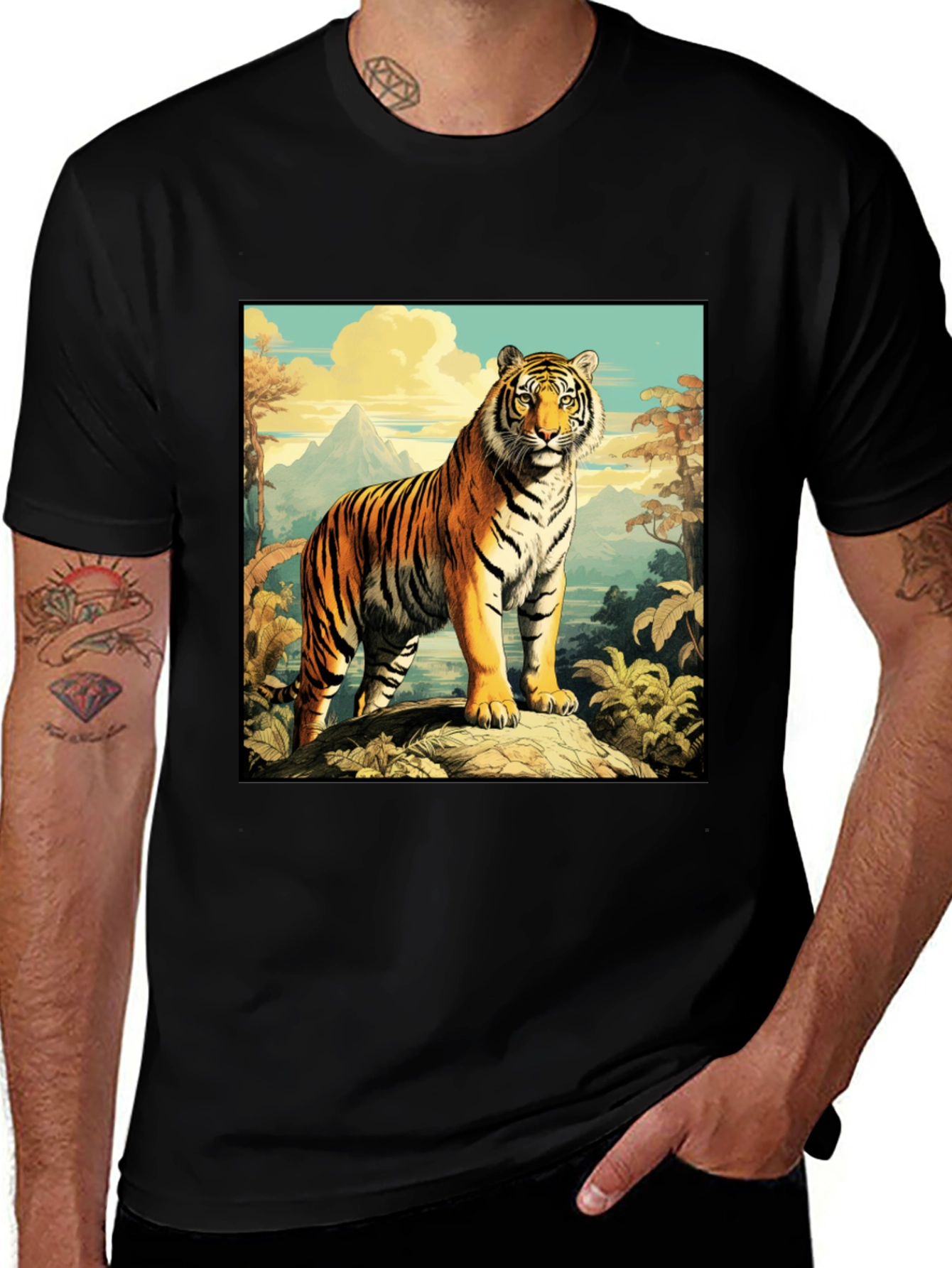 Variant 6 of Tiger Graphic Tee - Men's Black Cotton T-Shirt