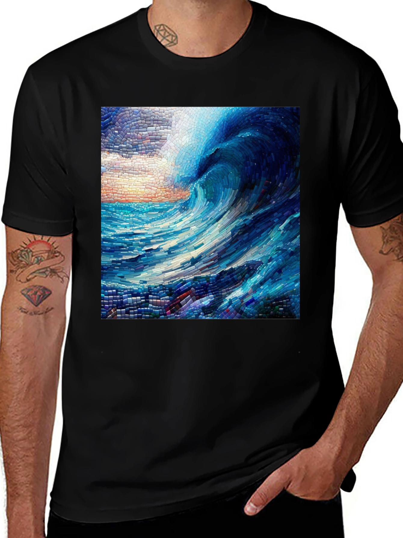 Variant 9 of Mosaic Wave Graphic Tee - Artful Ocean Design