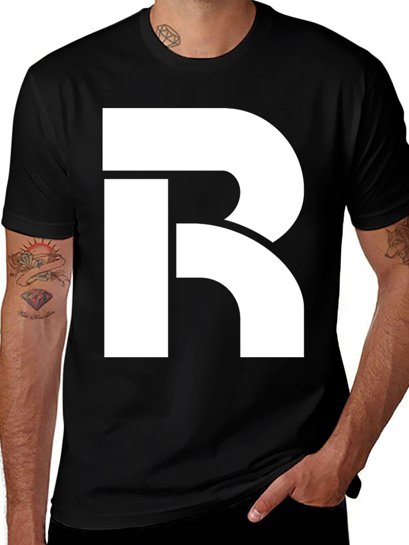 Variant 26 of Bold White "R" Graphic Black T-Shirt