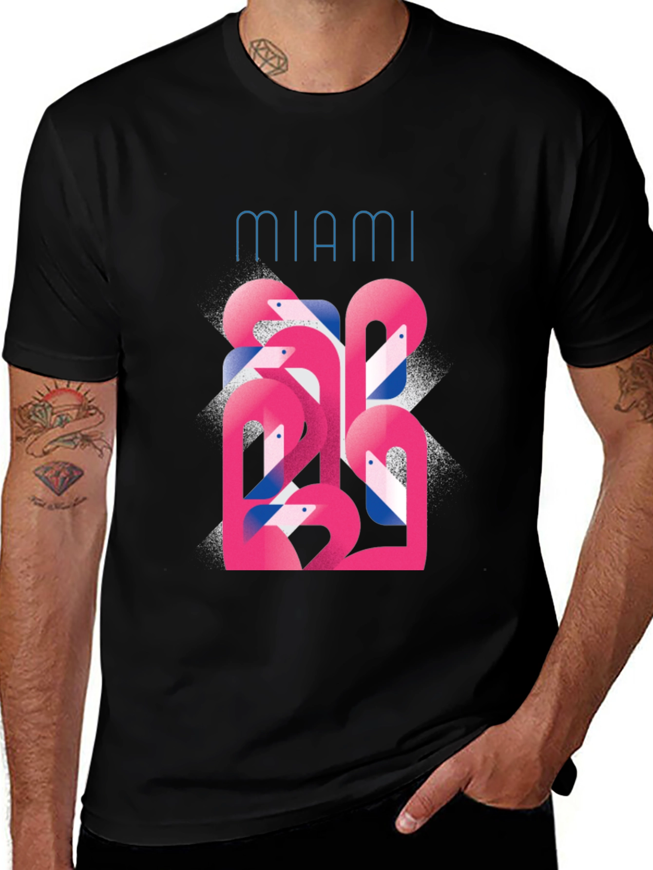 Variant 7 of Miami Flamingo Graphic Tee - Stylish Men's Black T-Shirt
