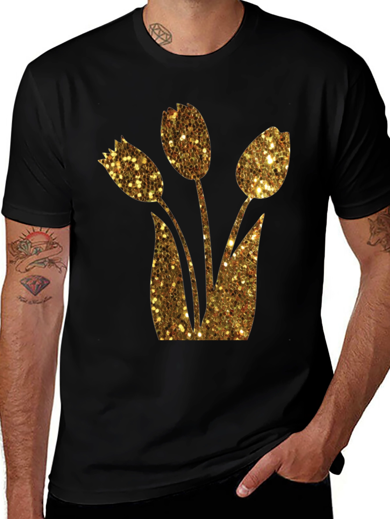 Variant 3 of Gold Glitter Tulip Graphic Black T-Shirt