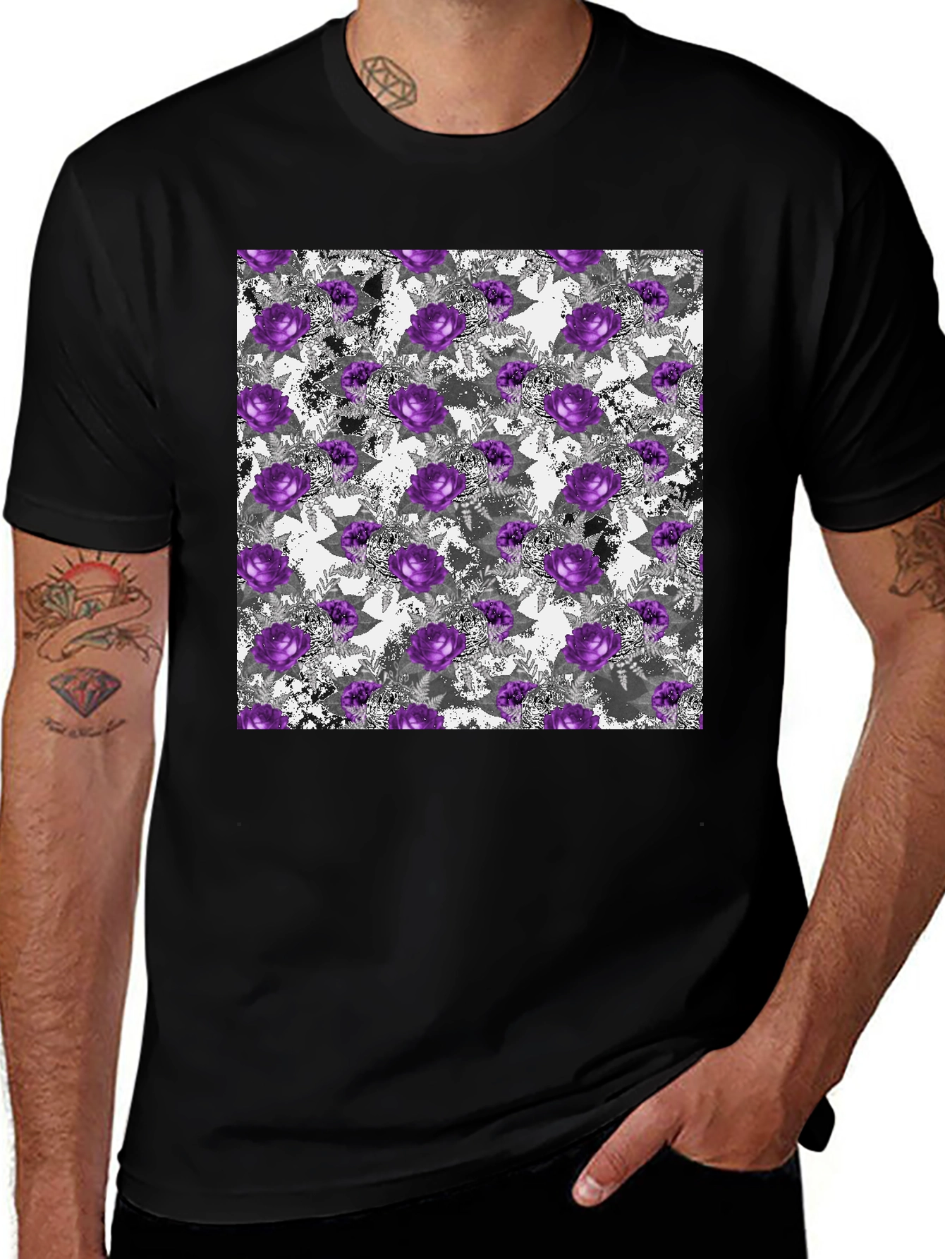 Variant 15 of Floral Rose Print Graphic Tee - Soft Black Cotton Blend