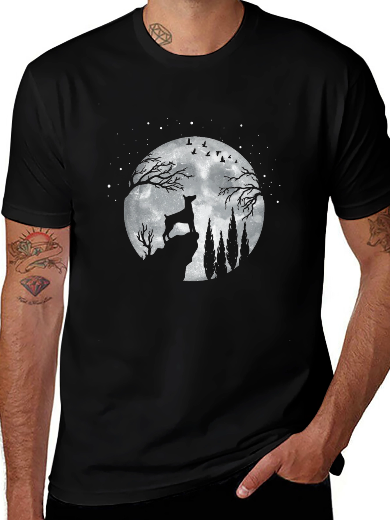 Variant 14 of Dog Moon Graphic Tee - Black Cotton Blend