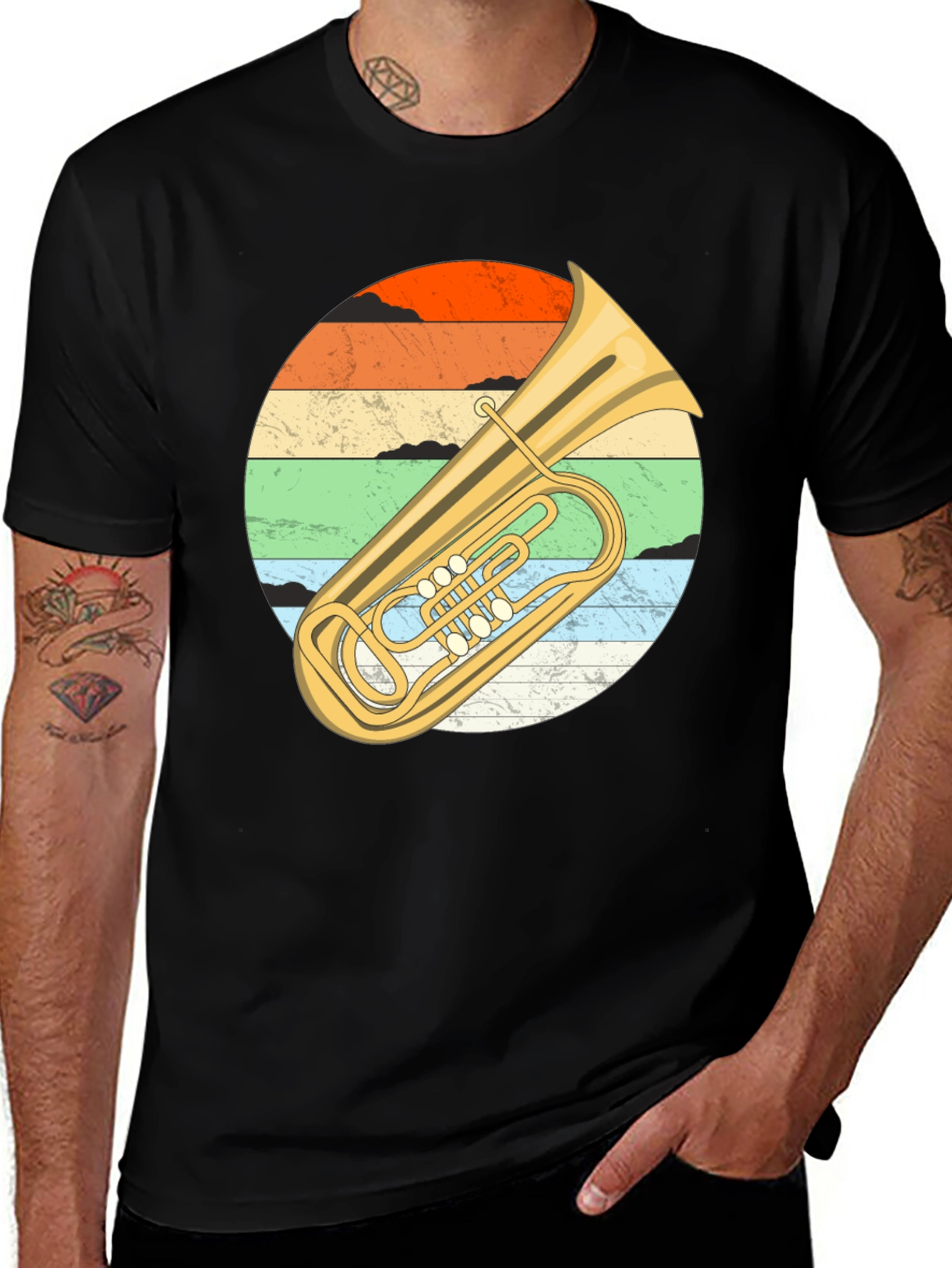 Vintage Tuba Sunset Graphic Tee - Musician's Black T-Shirt