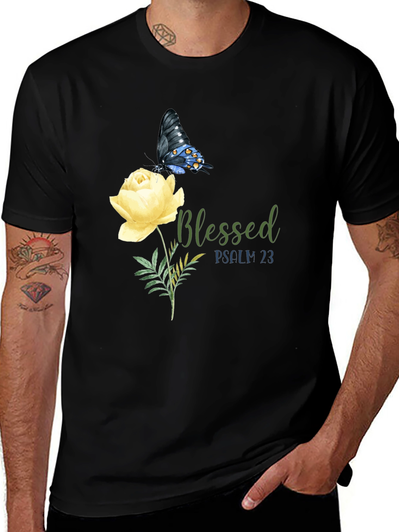 Variant 14 of Blessed Psalm 23 Butterfly Rose Graphic Tee