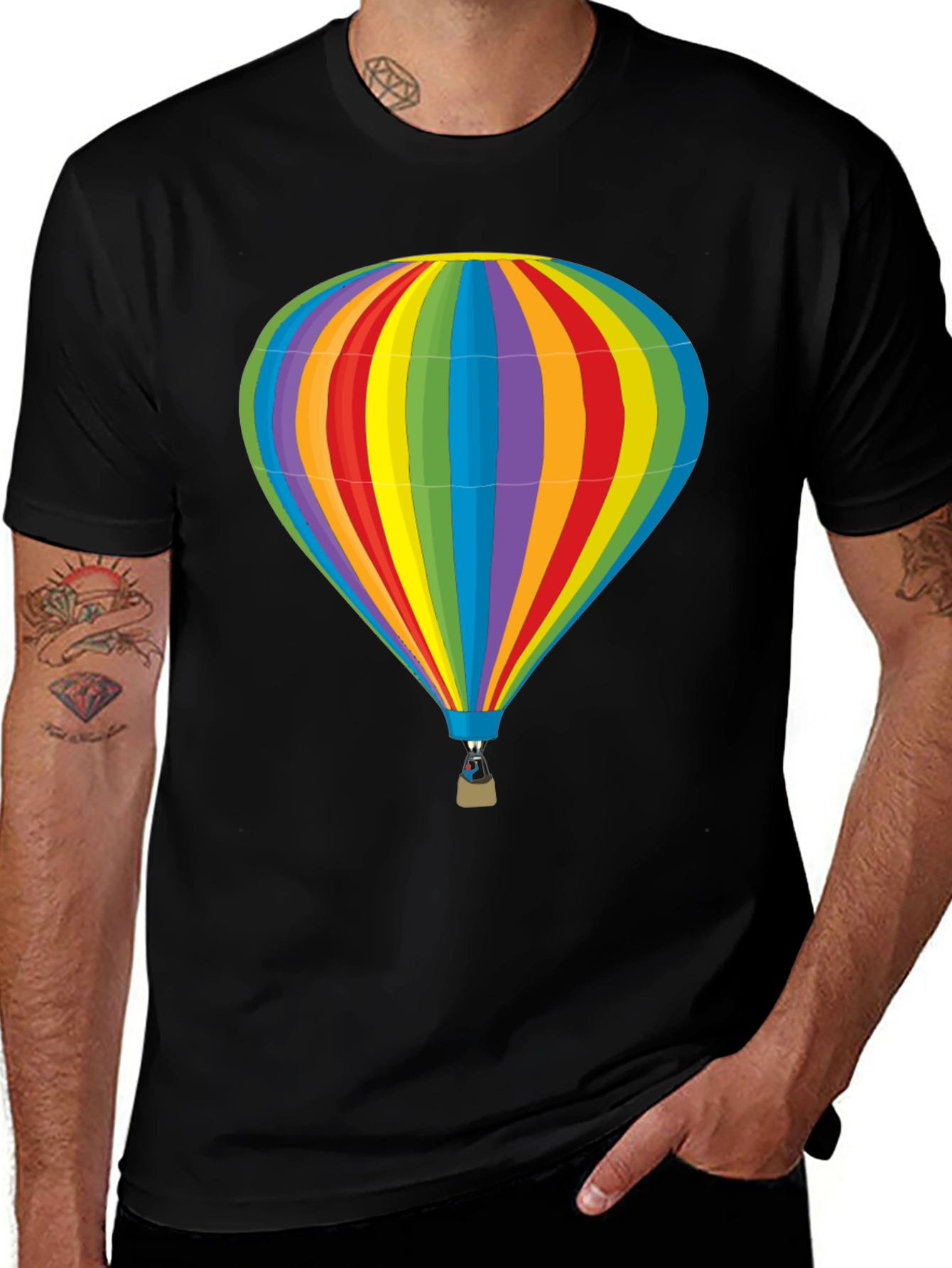 Variant 25 of Rainbow Hot Air Balloon Graphic Tee - Black Cotton T-Shirt