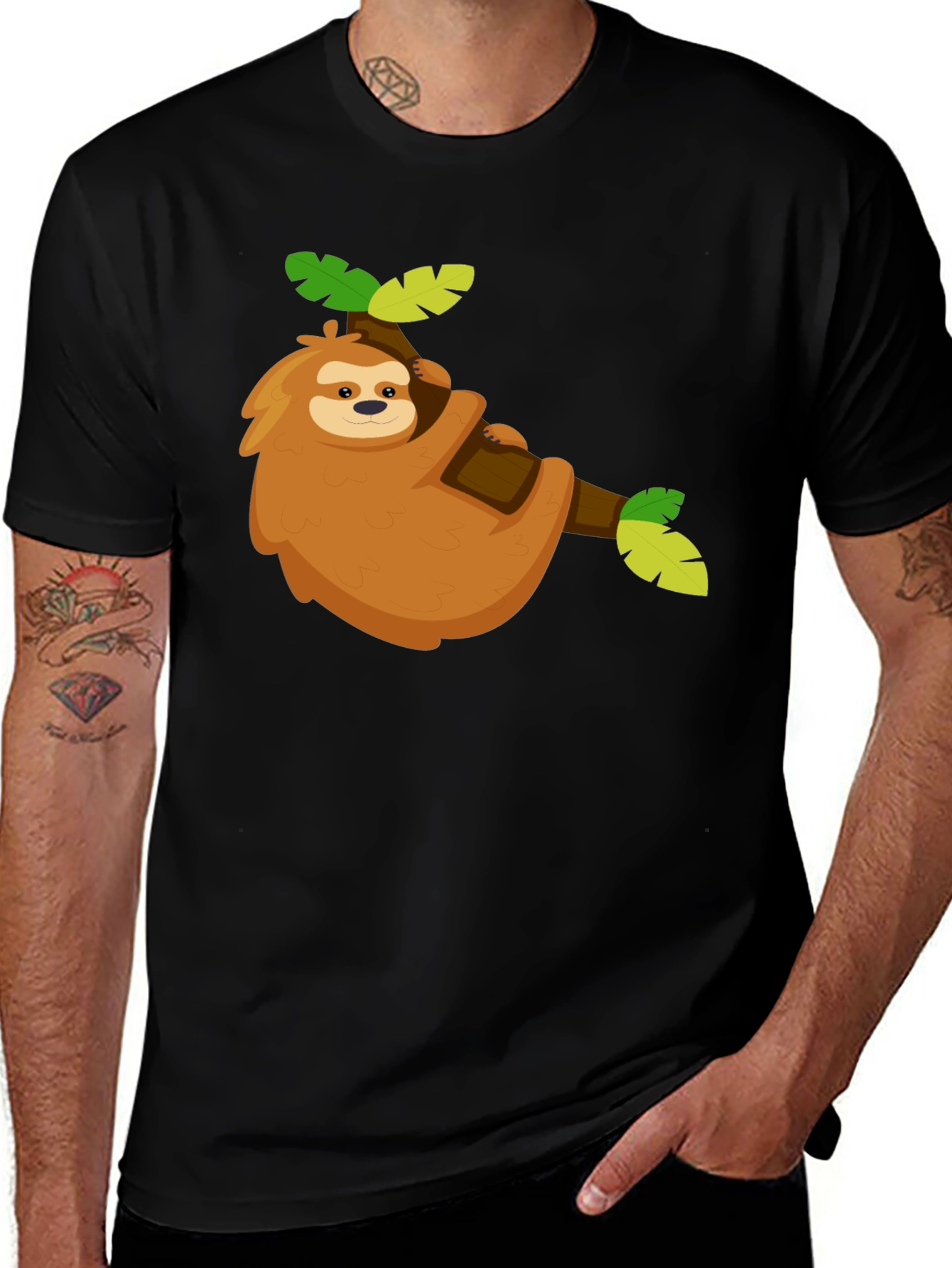 Black Cute Sloth Graphic Tee - Relaxed & Fun main image