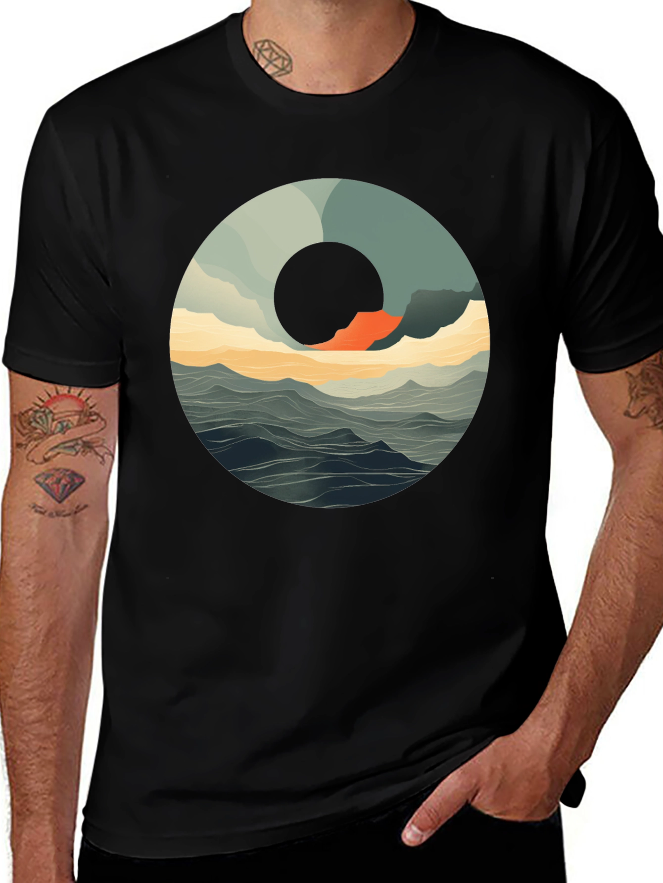 Variant 7 of Abstract Circle Seascape Graphic Tee - Black