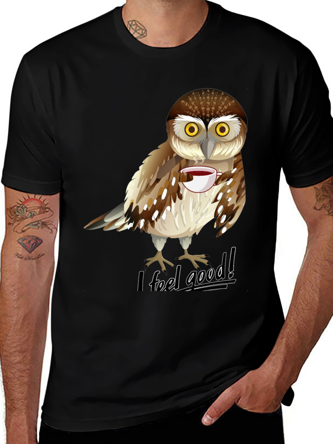 Variant 13 of Owl With Coffee Graphic Tee - "I Feel Good!" T-Shirt