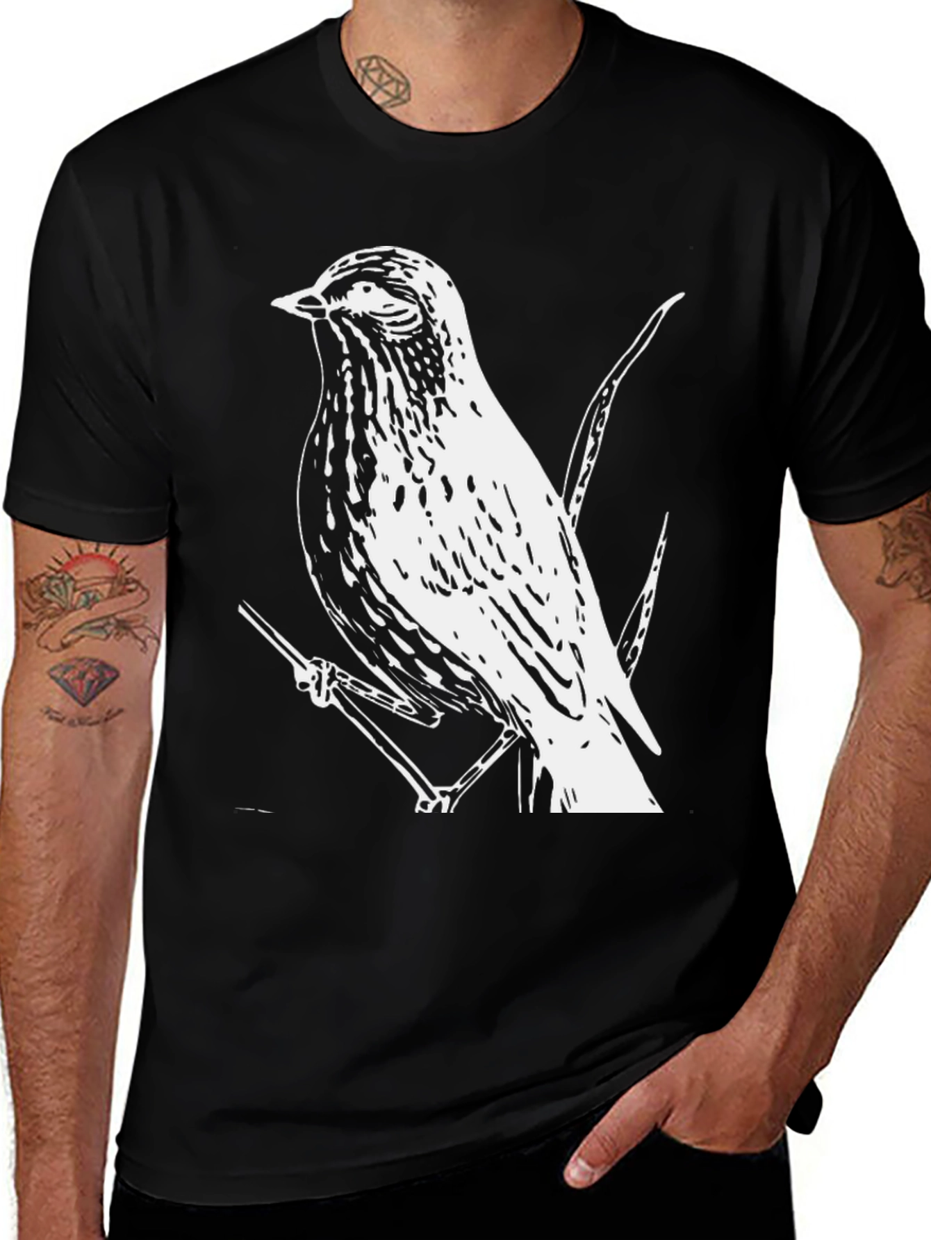 Variant 24 of Bird on Branch Graphic Tee - Black Cotton Shirt
