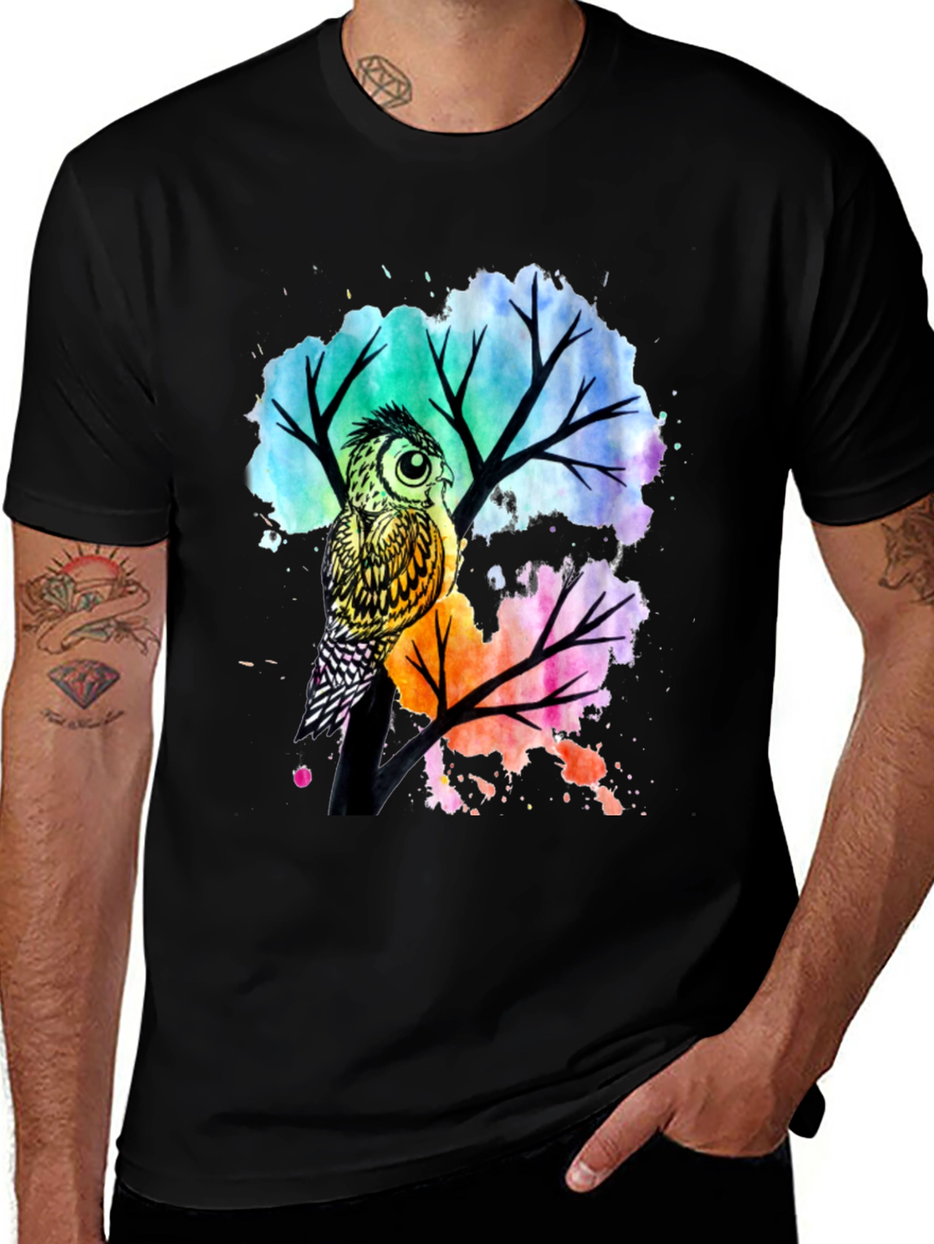 Variant 3 of Owl Watercolor Design Black T-Shirt