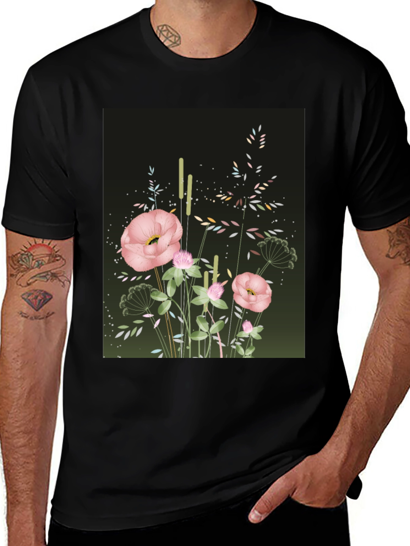 Variant 10 of Floral Print Black T-Shirt