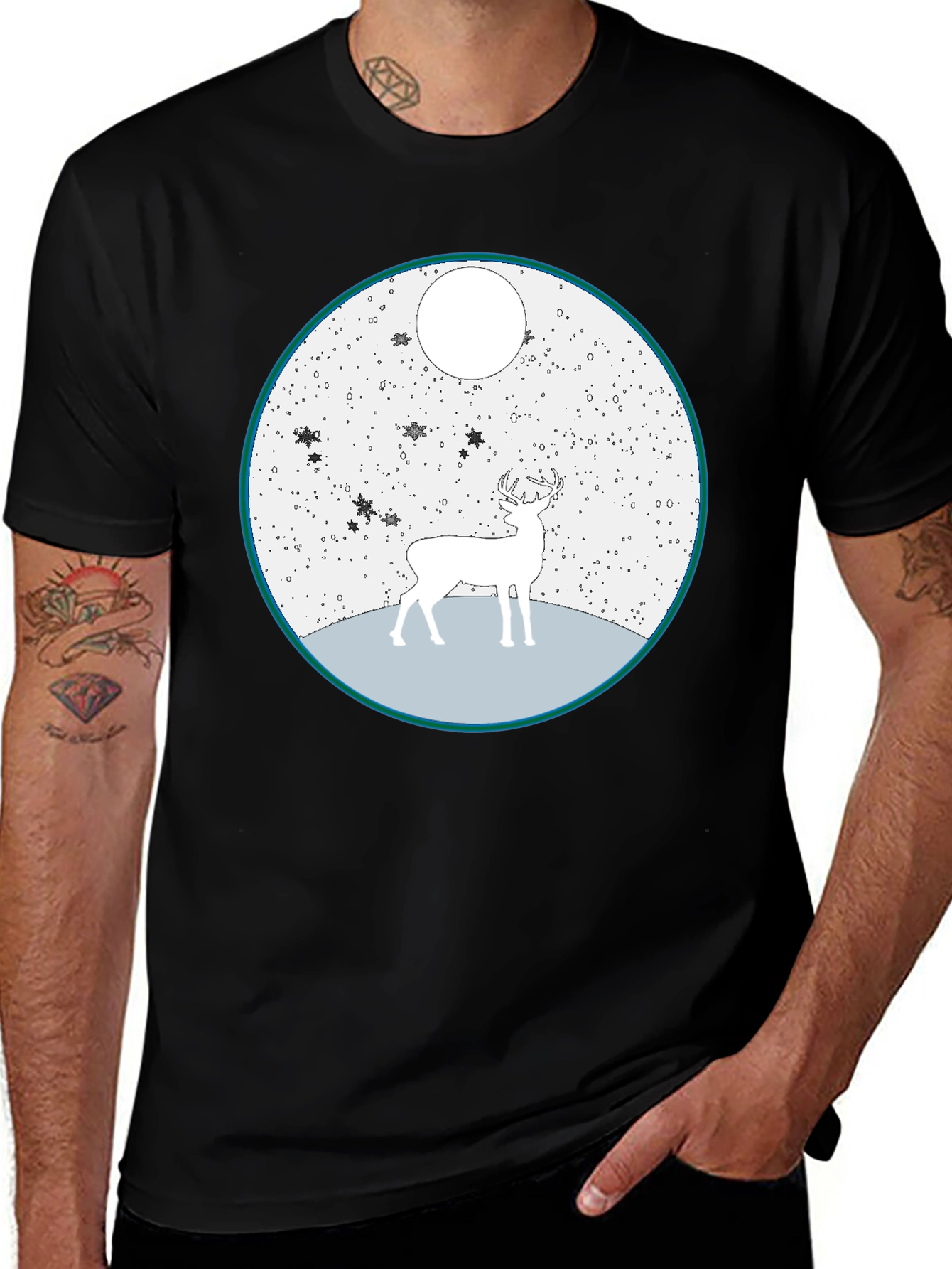 Variant 17 of Deer Under Moon Graphic Tee - Black Cotton Casual Shirt