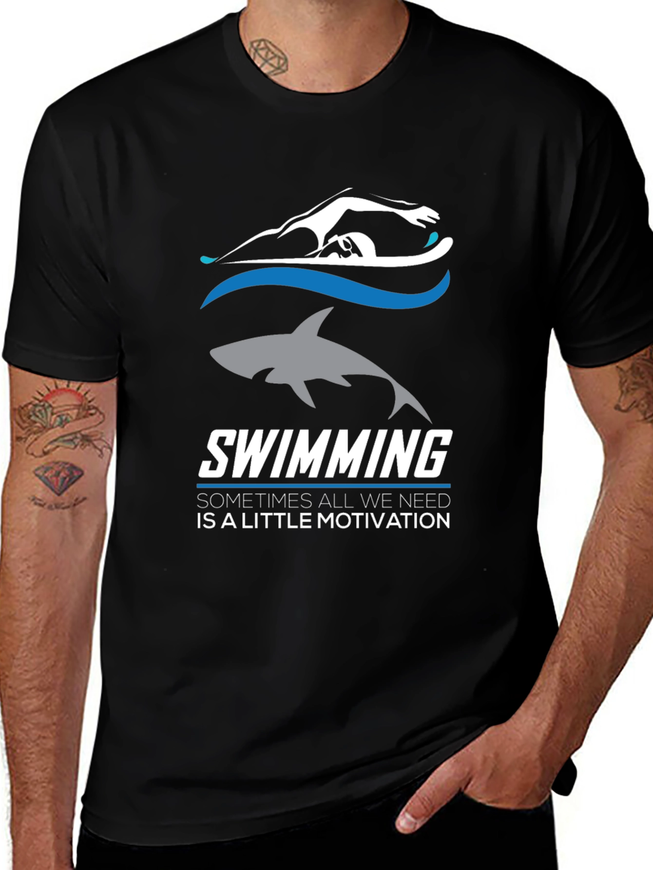 Variant 5 of Swimming Motivation T-Shirt: Shark & Swimmer Design