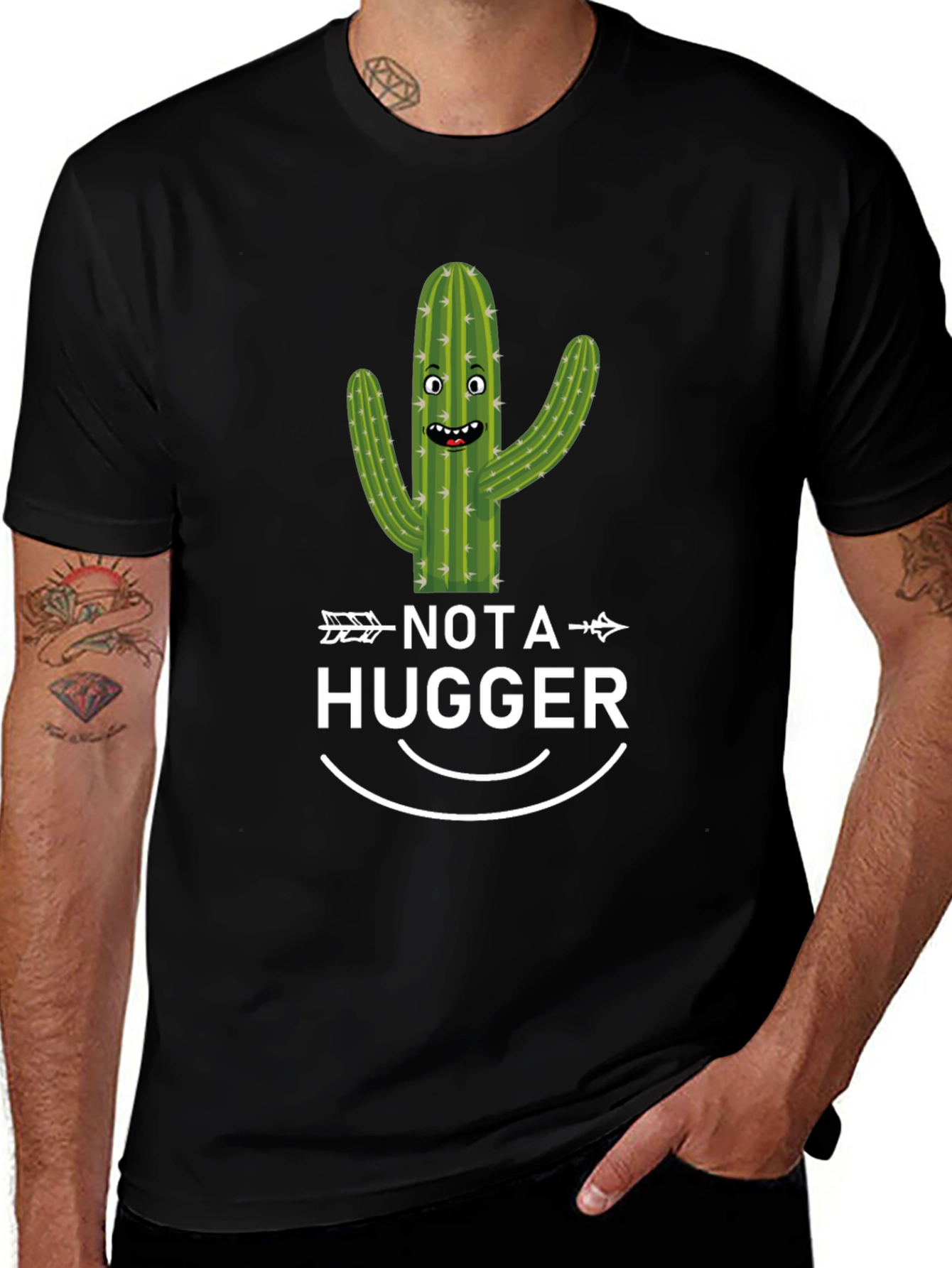 Variant 16 of Funny Cactus 'Not a Hugger' Black T-Shirt