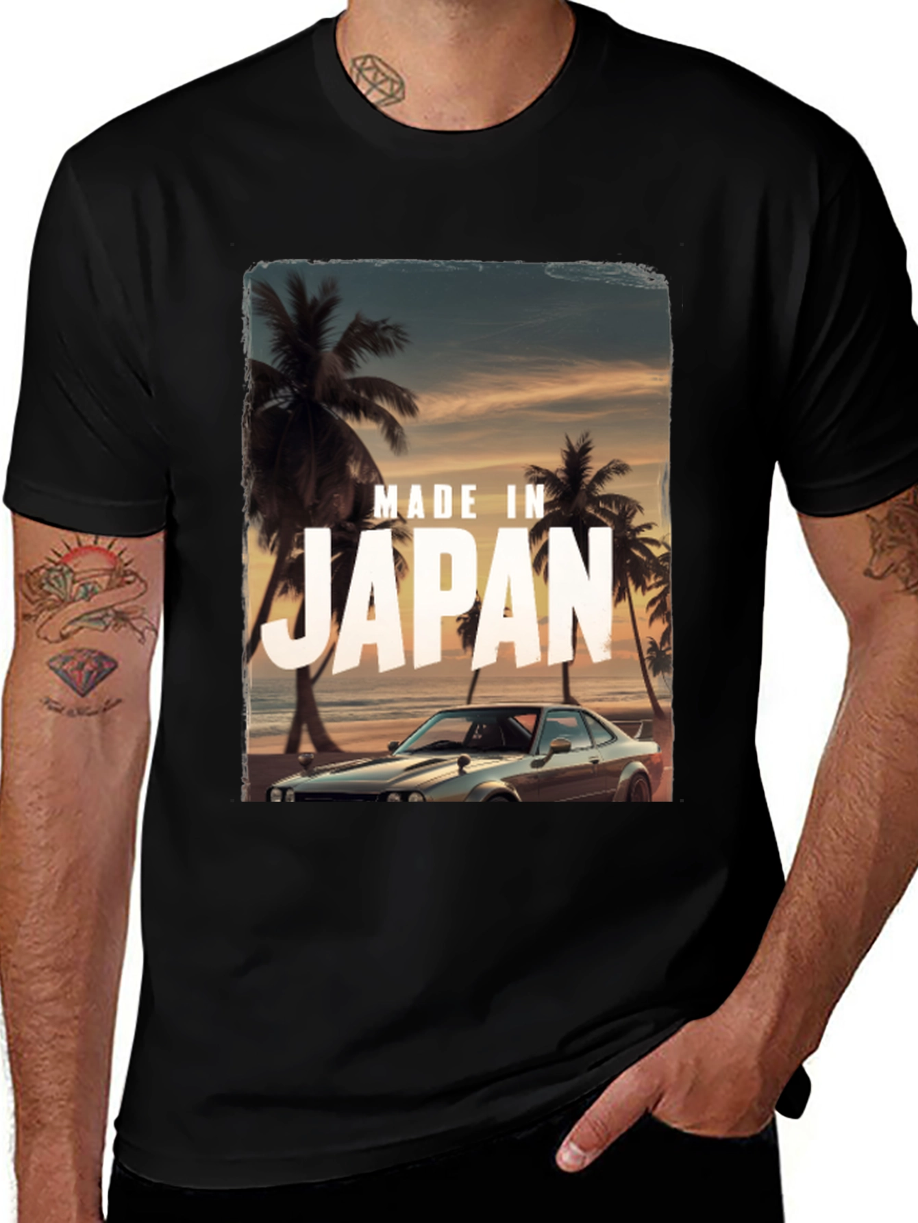 Variant 7 of Made in Japan Car T-Shirt - Palm Tree Beach Scene