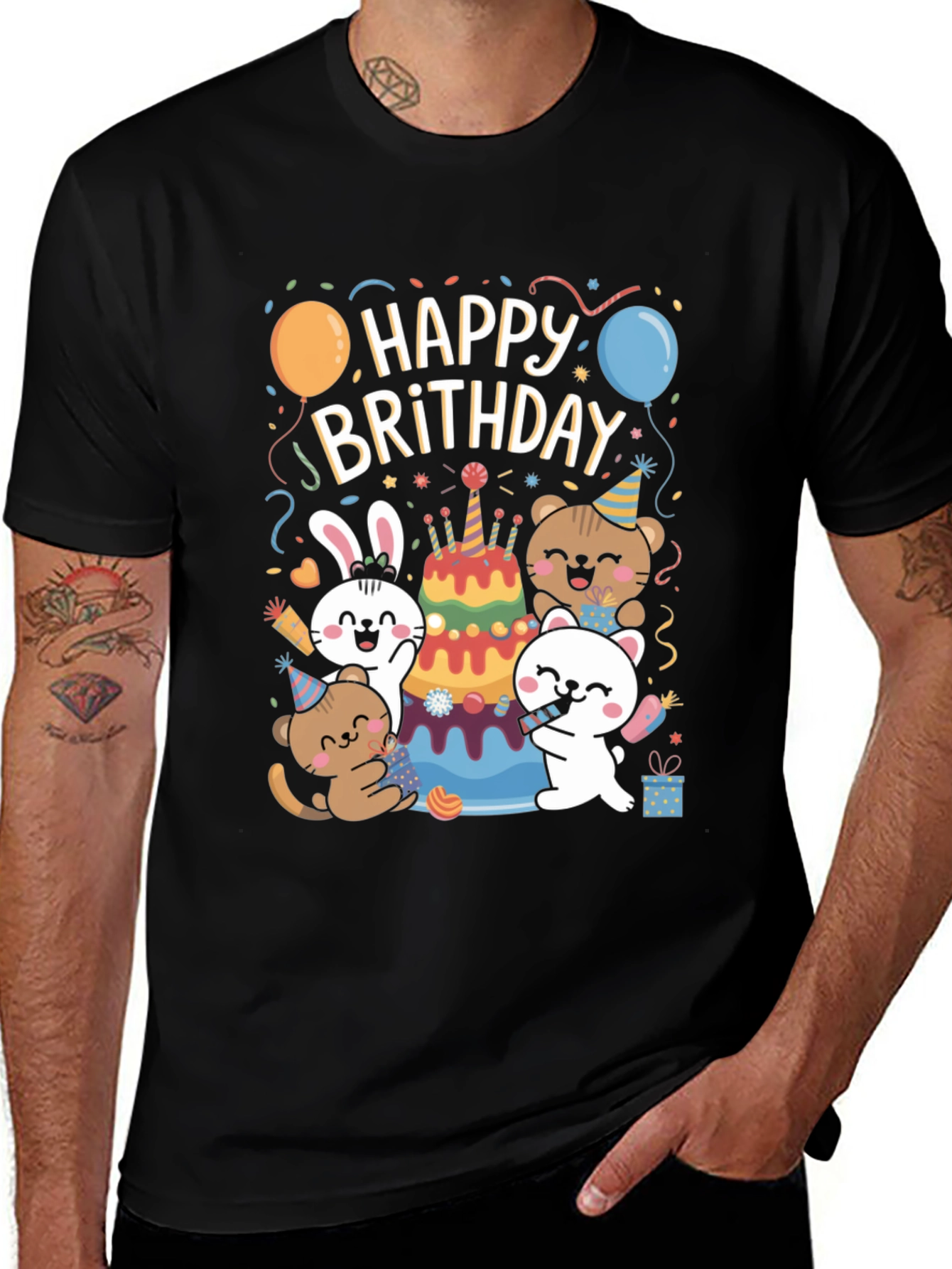 Black Happy Brithday T-Shirt With Cute Animal Graphics main image