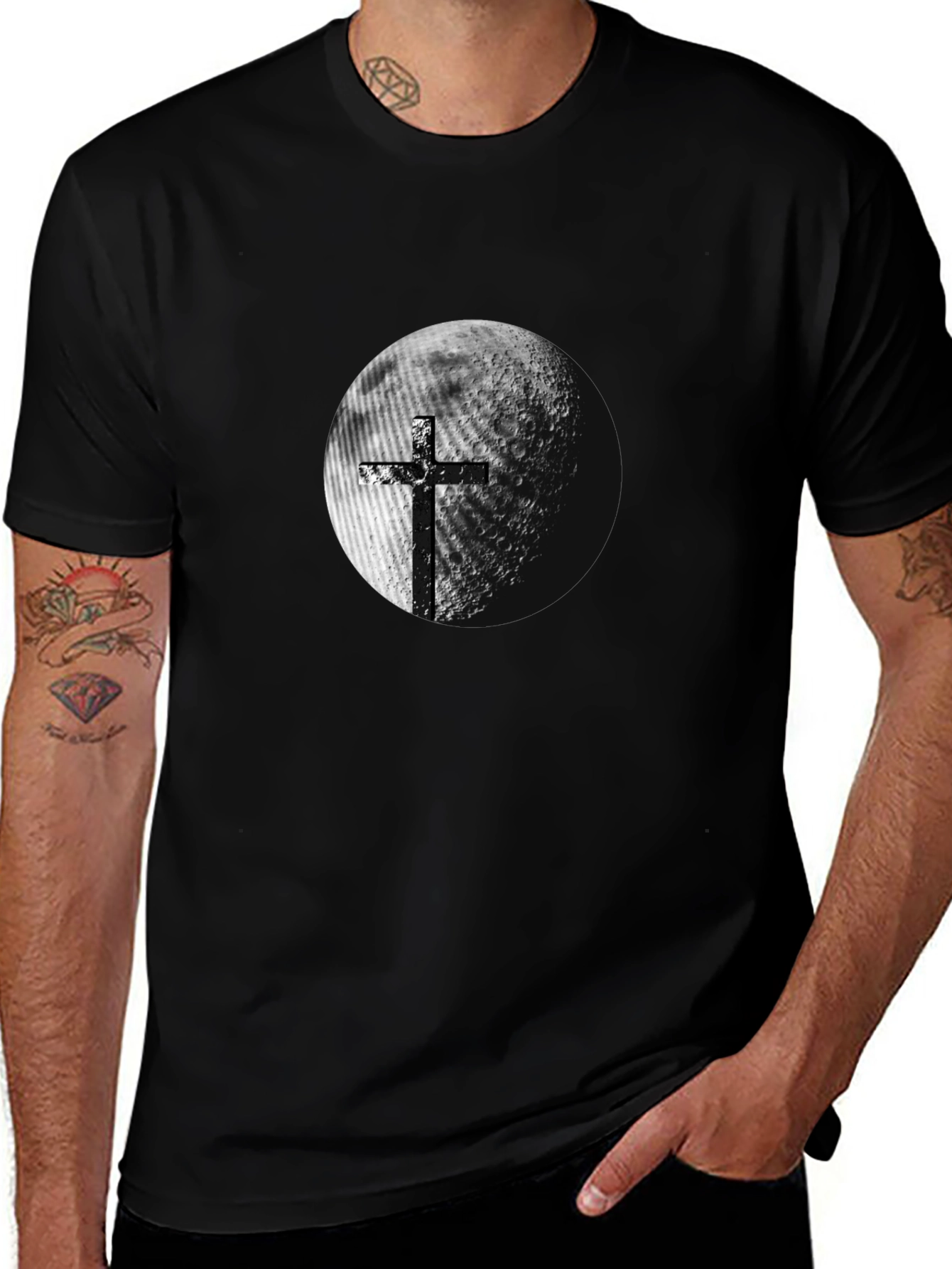 Variant 7 of Cross Moon Graphic Tee - Trendy Black T-Shirt