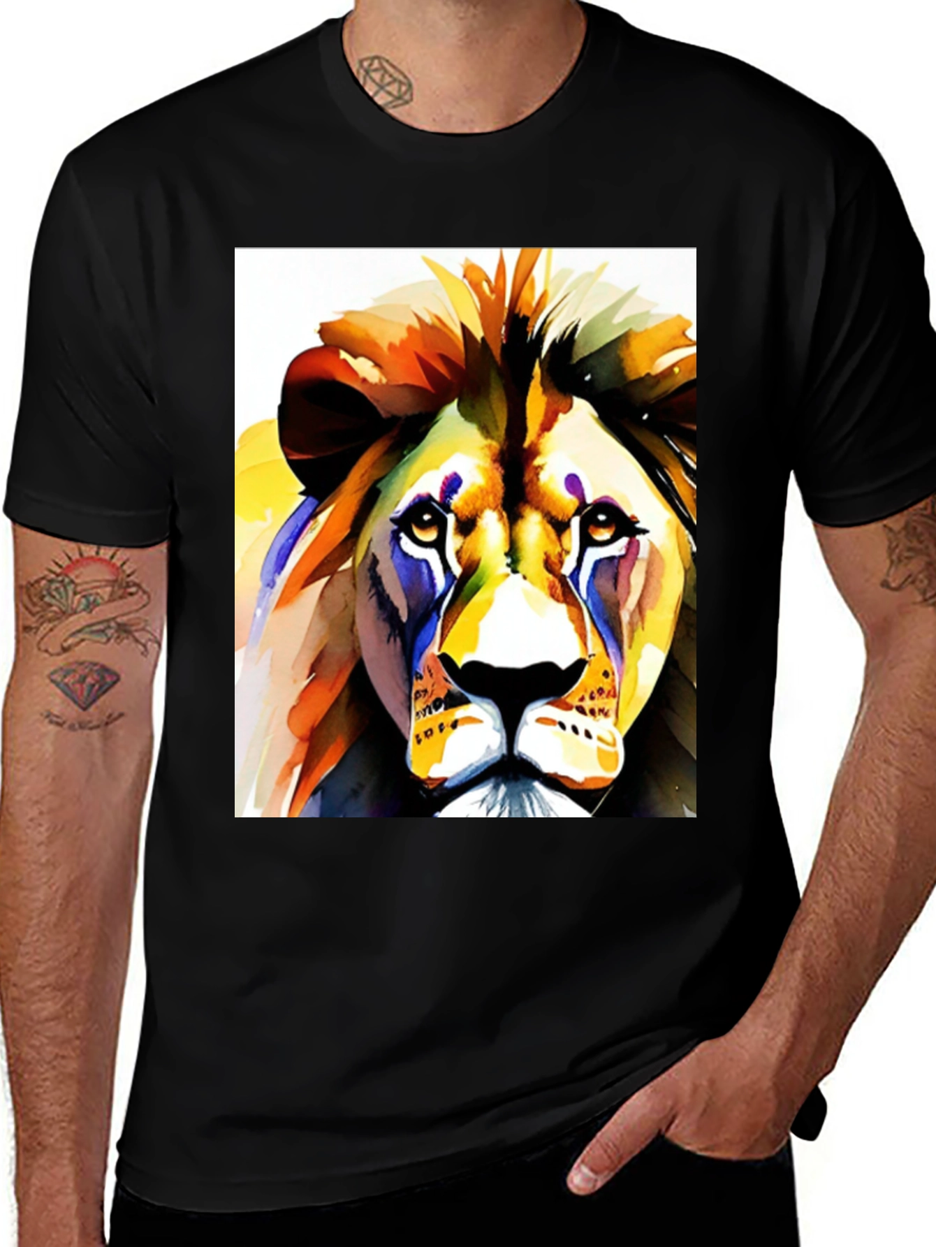 Variant 16 of Watercolor Lion Graphic Tee - Black Cotton