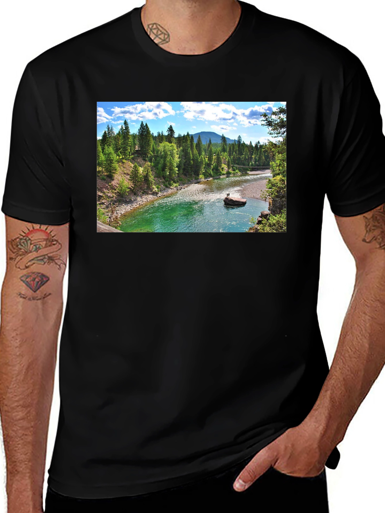Scenic River Print Black T-Shirt