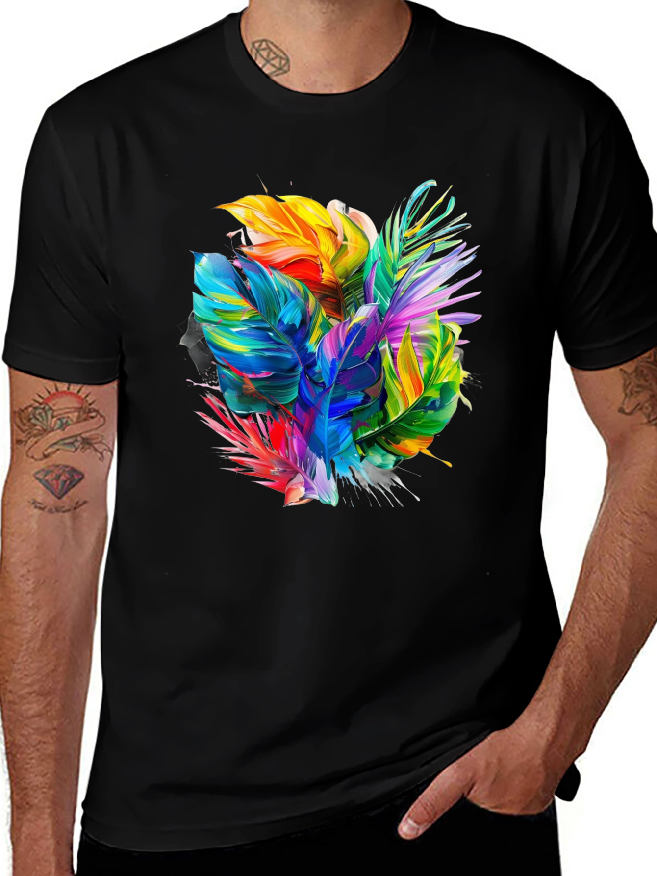 Variant 17 of Colorful Tropical Leaves Graphic Black T-Shirt