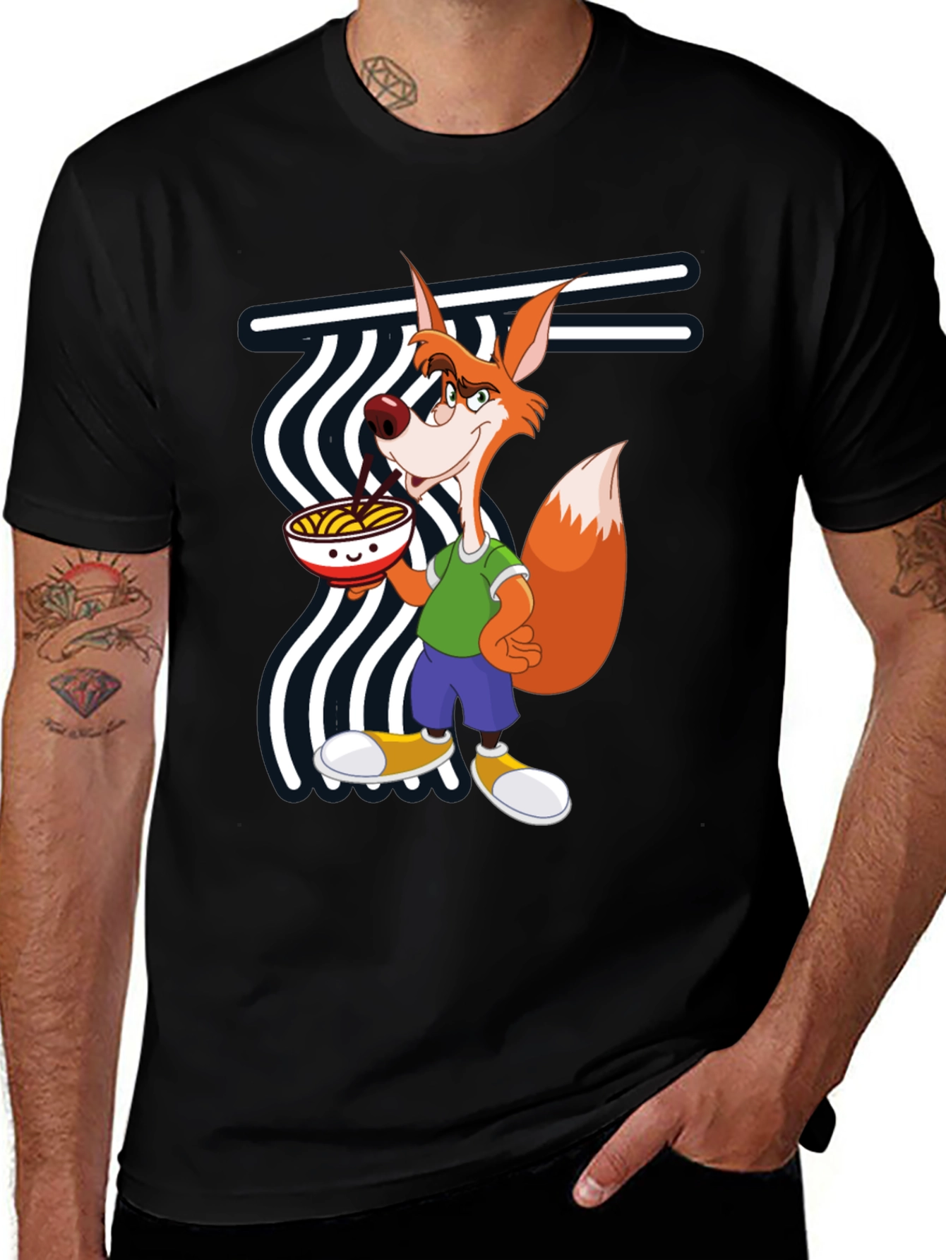 Cartoon Fox Eating Ramen Black T-Shirt