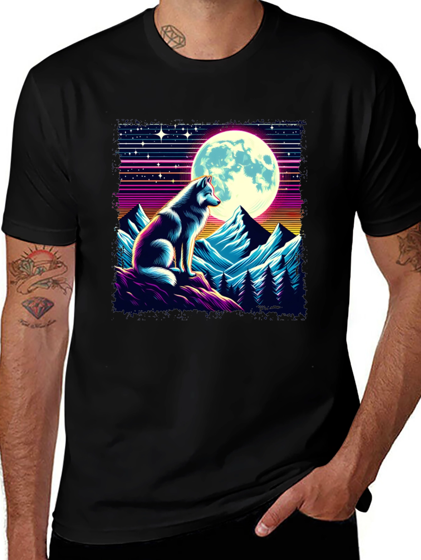 Variant 9 of Retro Wolf Moon Graphic Tee - Black T-Shirt