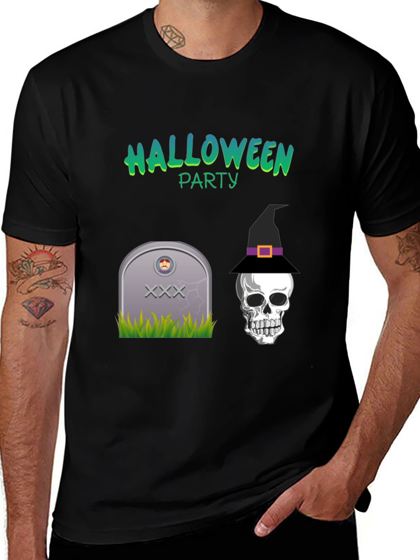 Variant 27 of Halloween Party Graphic Tee - Skull & Tombstone Design